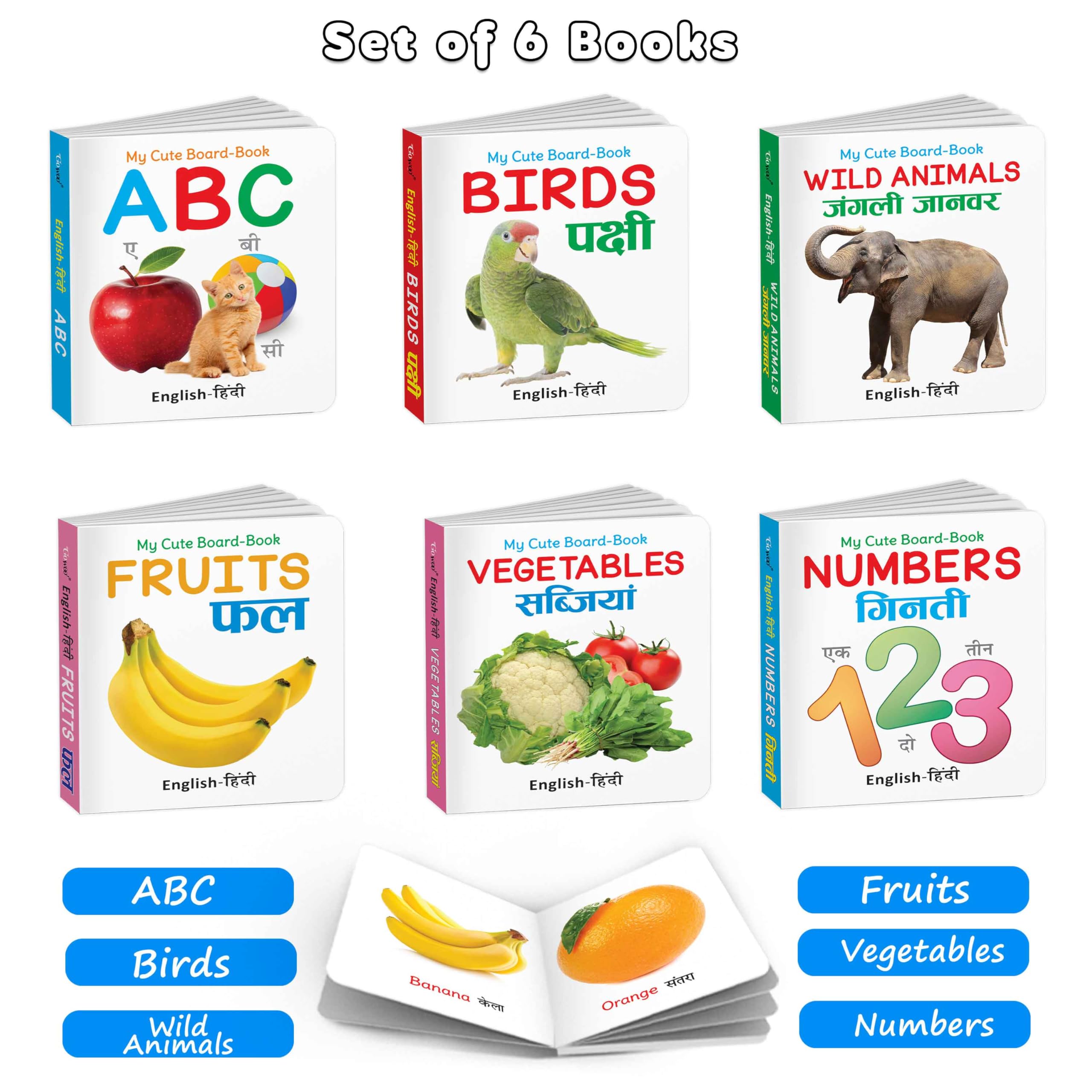 My Cute Board Book ABC, Birds, Wild Animals, Fruits, Vegetables and More Books (ENGHINDI) : Colourful Toddler Learning Books, 