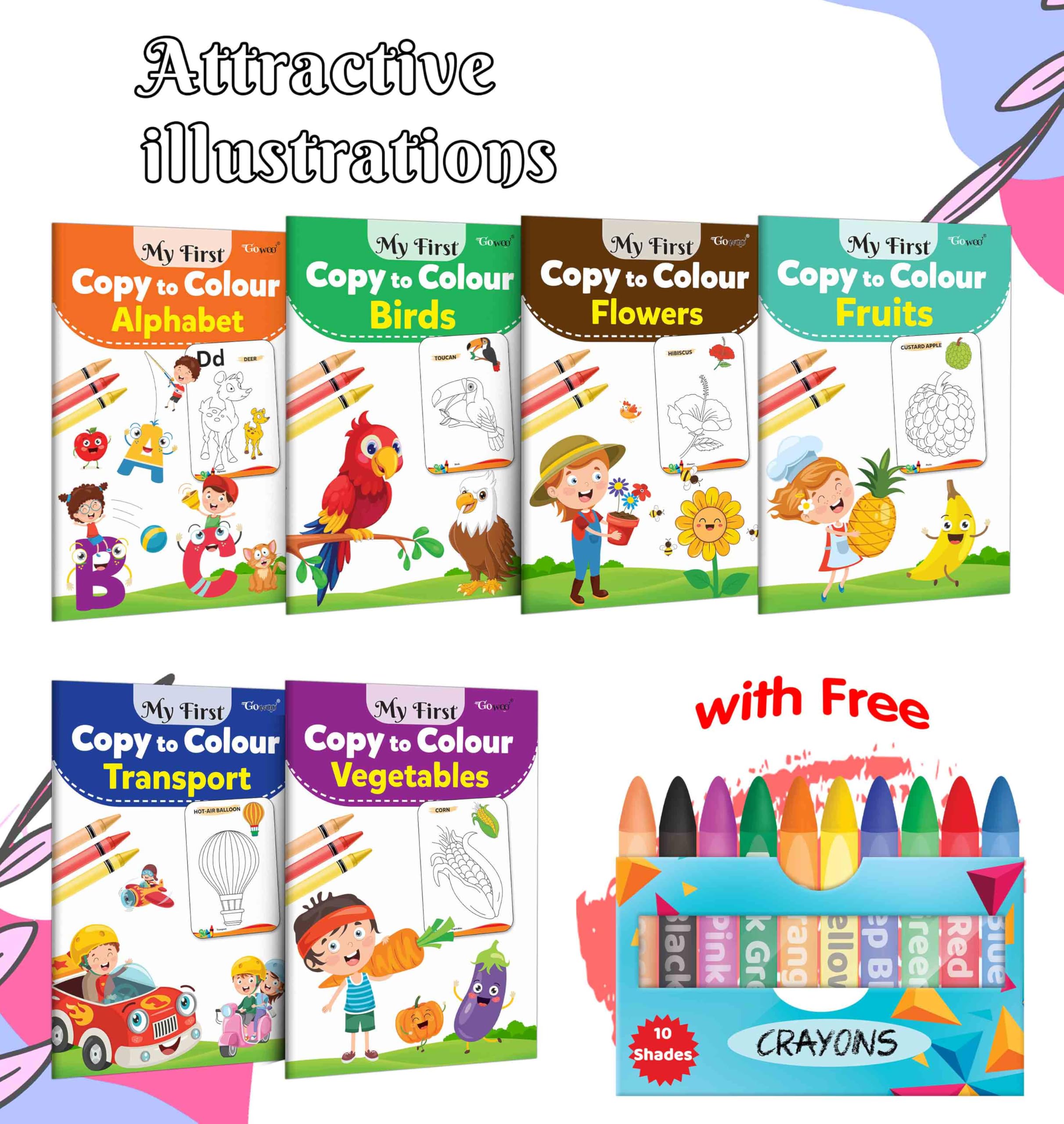 My First Copy to Colour  Alphabet, Birds, Flowers, Fruits, Transport and Vegetables with 10 WAX CRAYONS : Art book for children