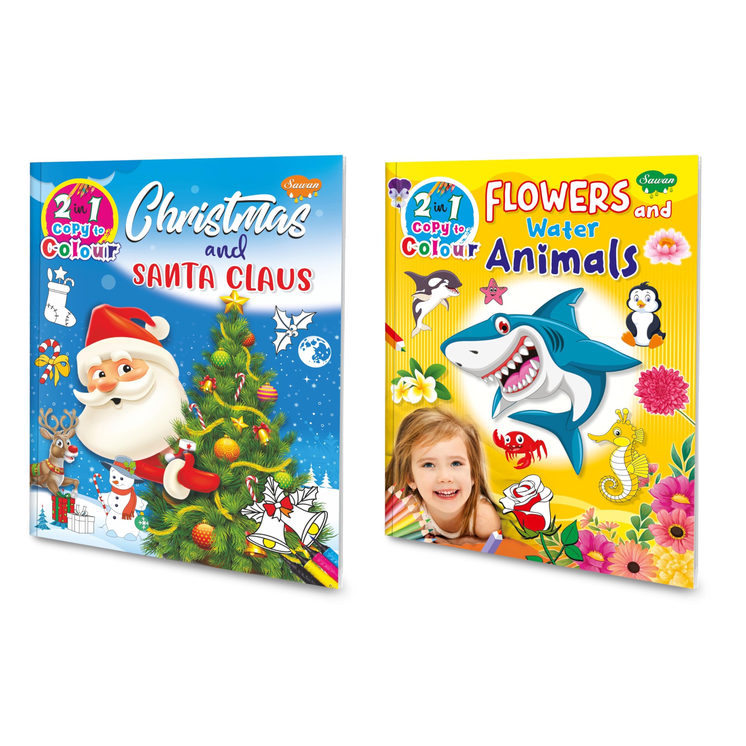 Sawan 2 In 1 Copy To Colour Santa & Christmas And Flower & Water Animals | Pack Of 2 Colouring Books