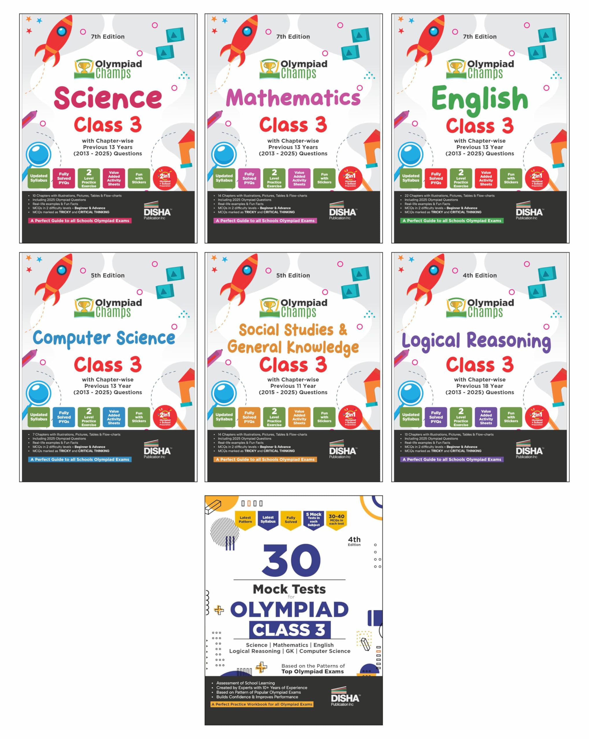 Disha Combo Class 3 (set of 7 books) Olympiad Champs Science, Mathematics, English, Logical Reasoning, Computer Science (Cyber) 
