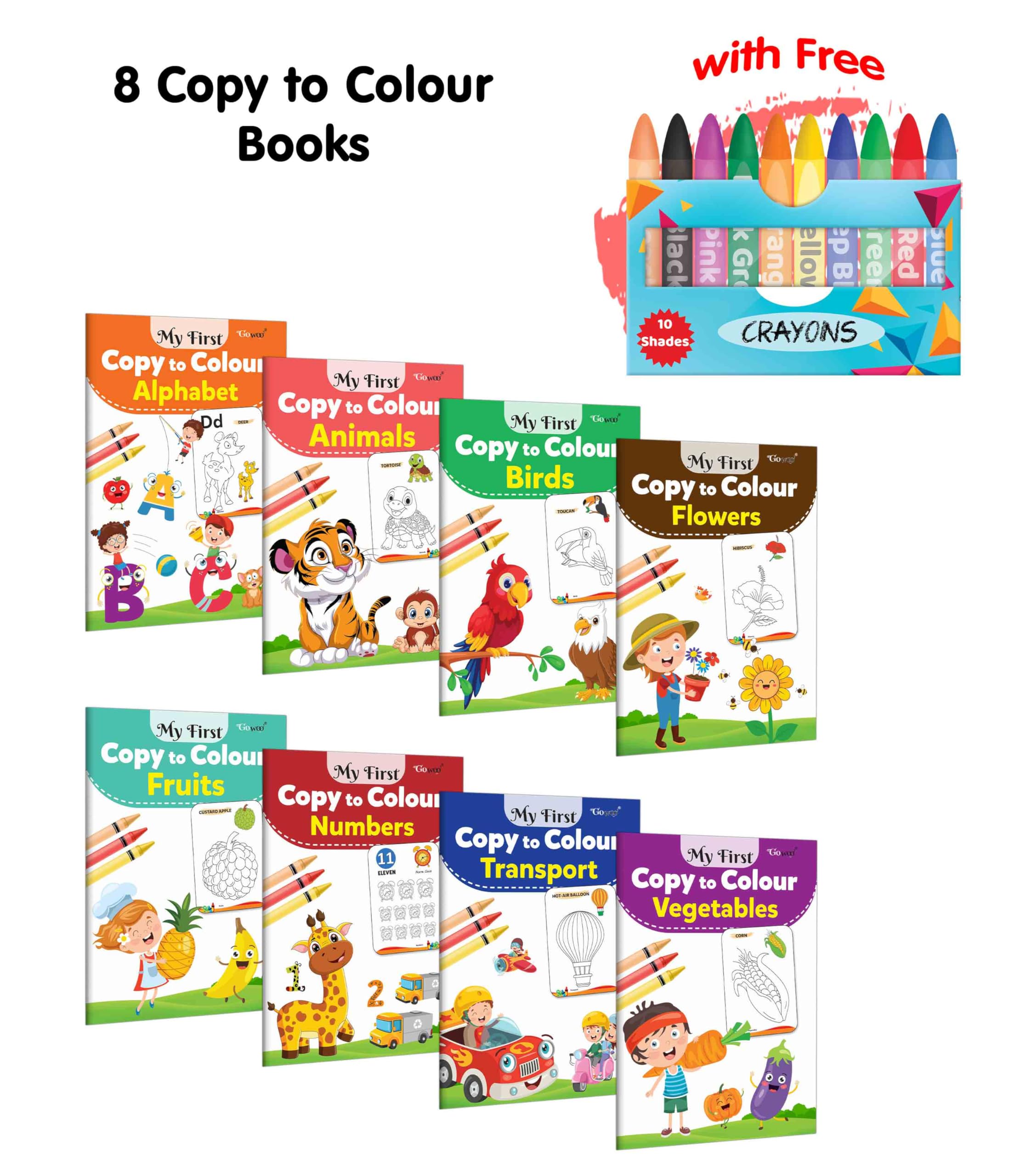 My First Copy to Colour  Alphabet, Animals, Birds, Flowers and more with 10 WAX CRAYONS : Educational colouring book with crayo