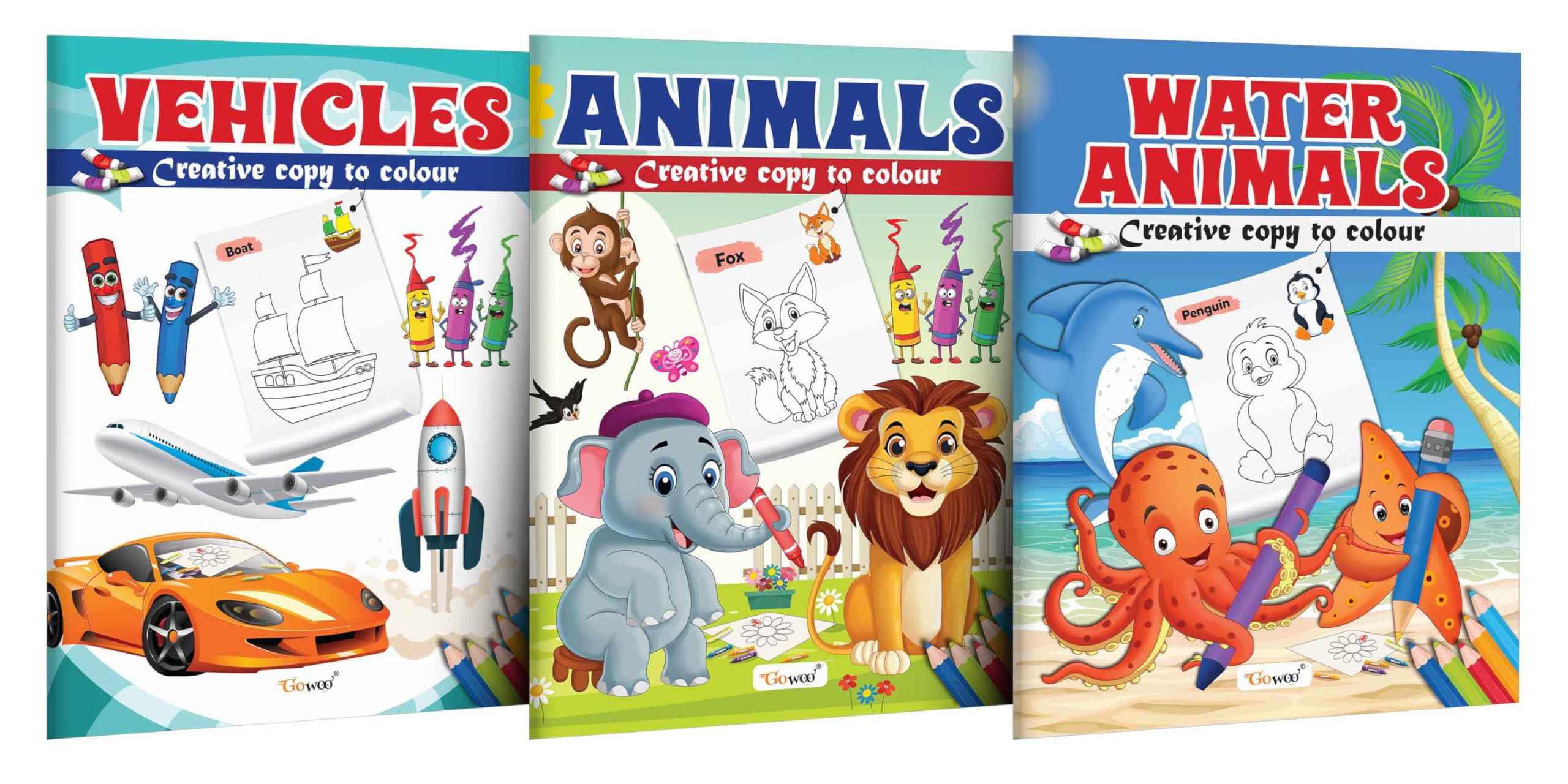 Vehicle, Animals and Water Animals  Creative Copy to Colour book : Color Books For Children, Kids Copy Colouring book, Picture 