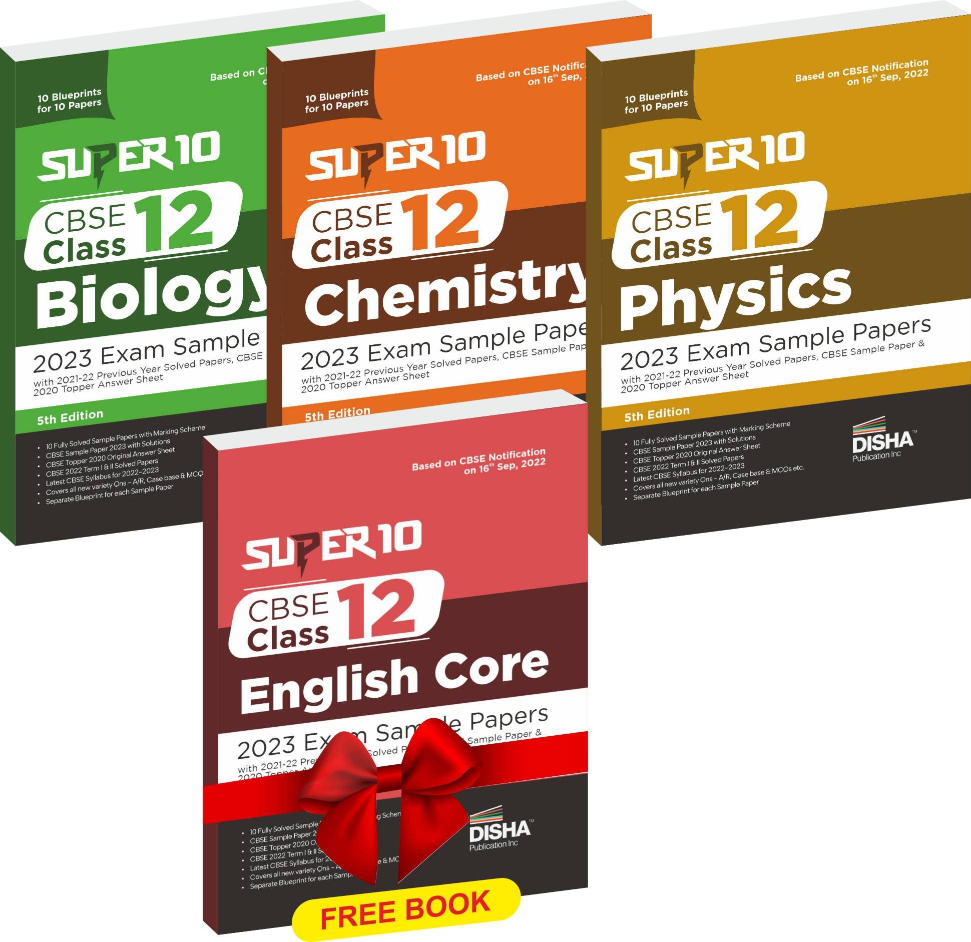 Combo Of Super 10 Cbse Class 12 Physics, Chemistry & Biology With Free English Core 2023 Exam Sample Papers | 202122 Previous Y