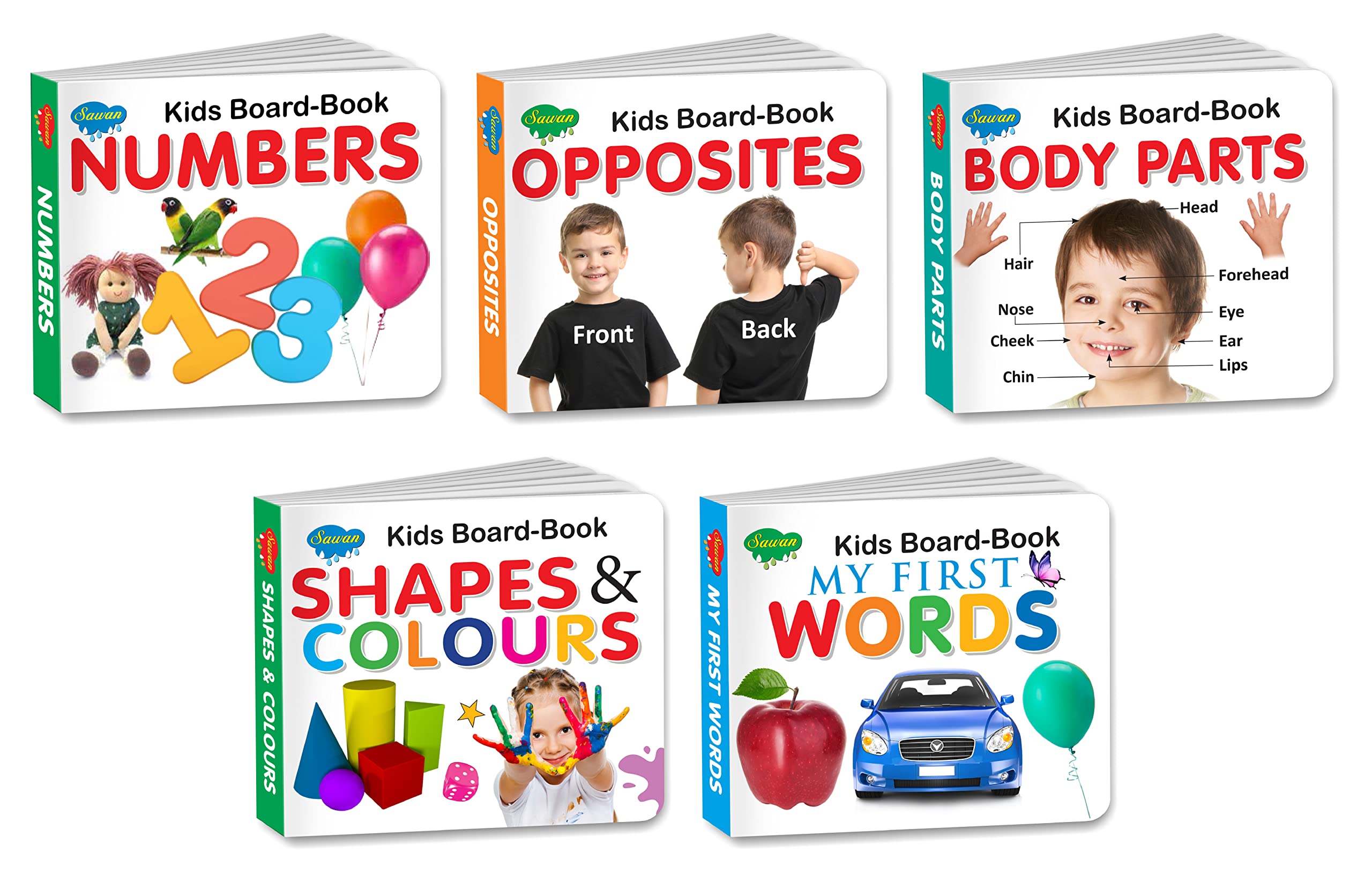 Sawan Kids Board Book Numbers, Opposites, Body Parts, Shapes & Colour And My First Words | Pack Of 5 Books