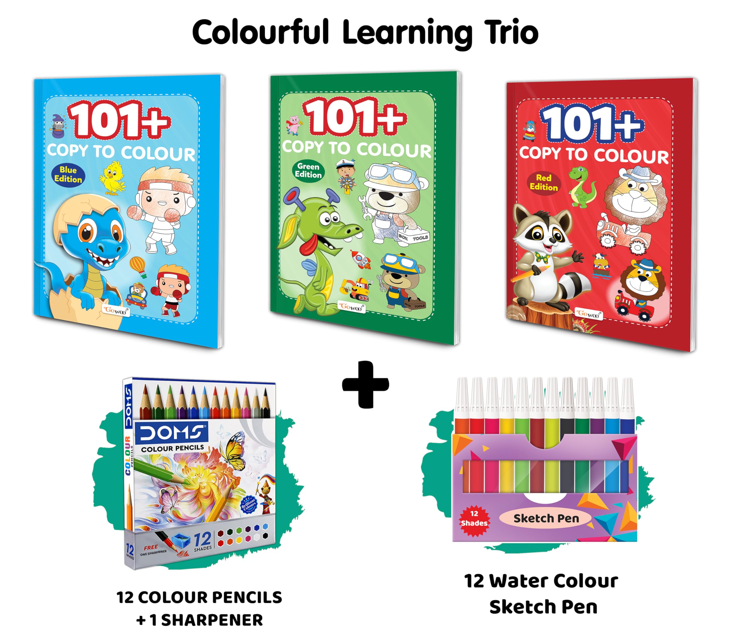 01+ Copy to Colour  Red, Blue & Green Edition with 12 Colour Pencils + 1 Sharpener + 12 Water Colour Sketch Pens : Colouring A