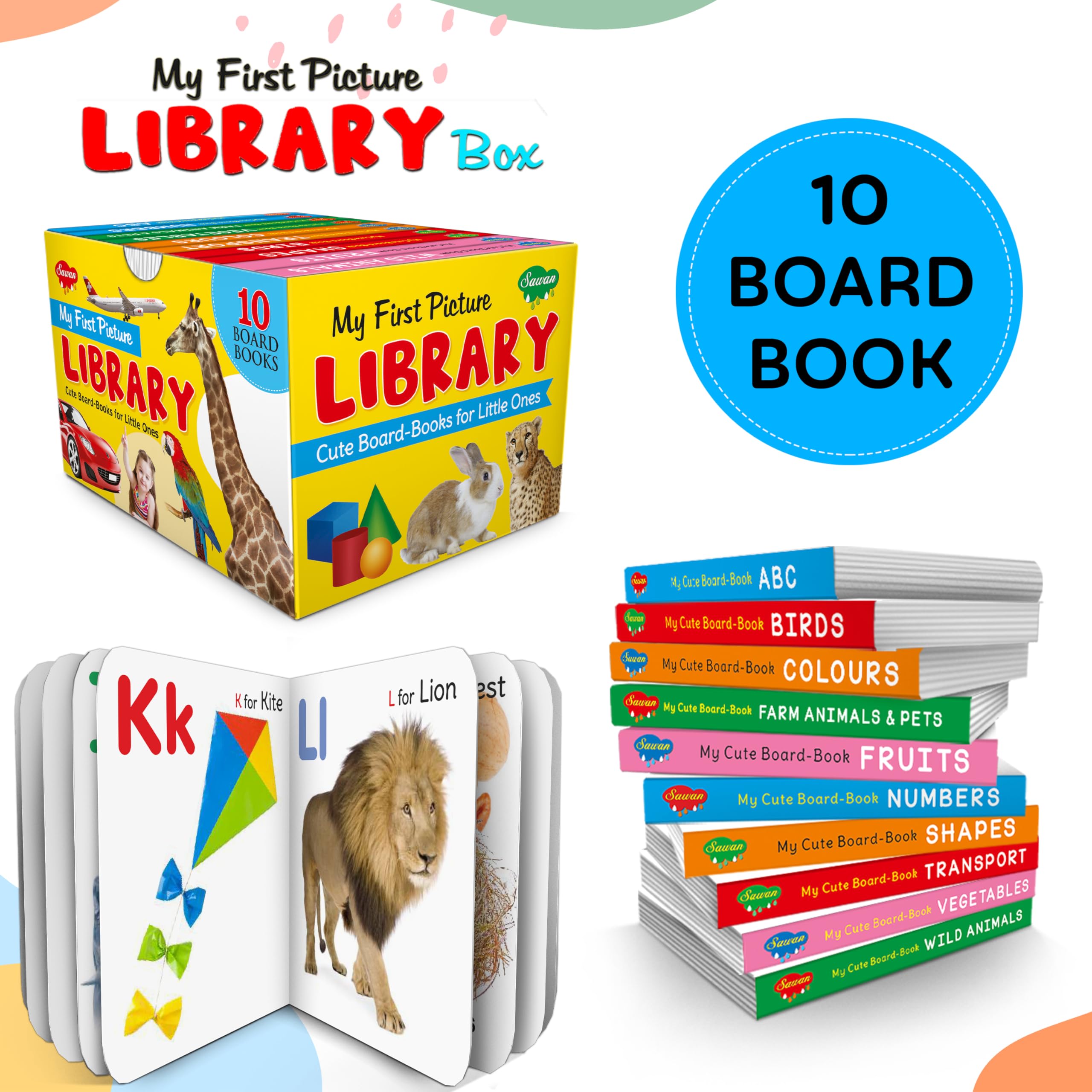 Toddlers learning library box set : Learning board book for kids, My First Picture Library Box, Library Boxset of 10 Board Books