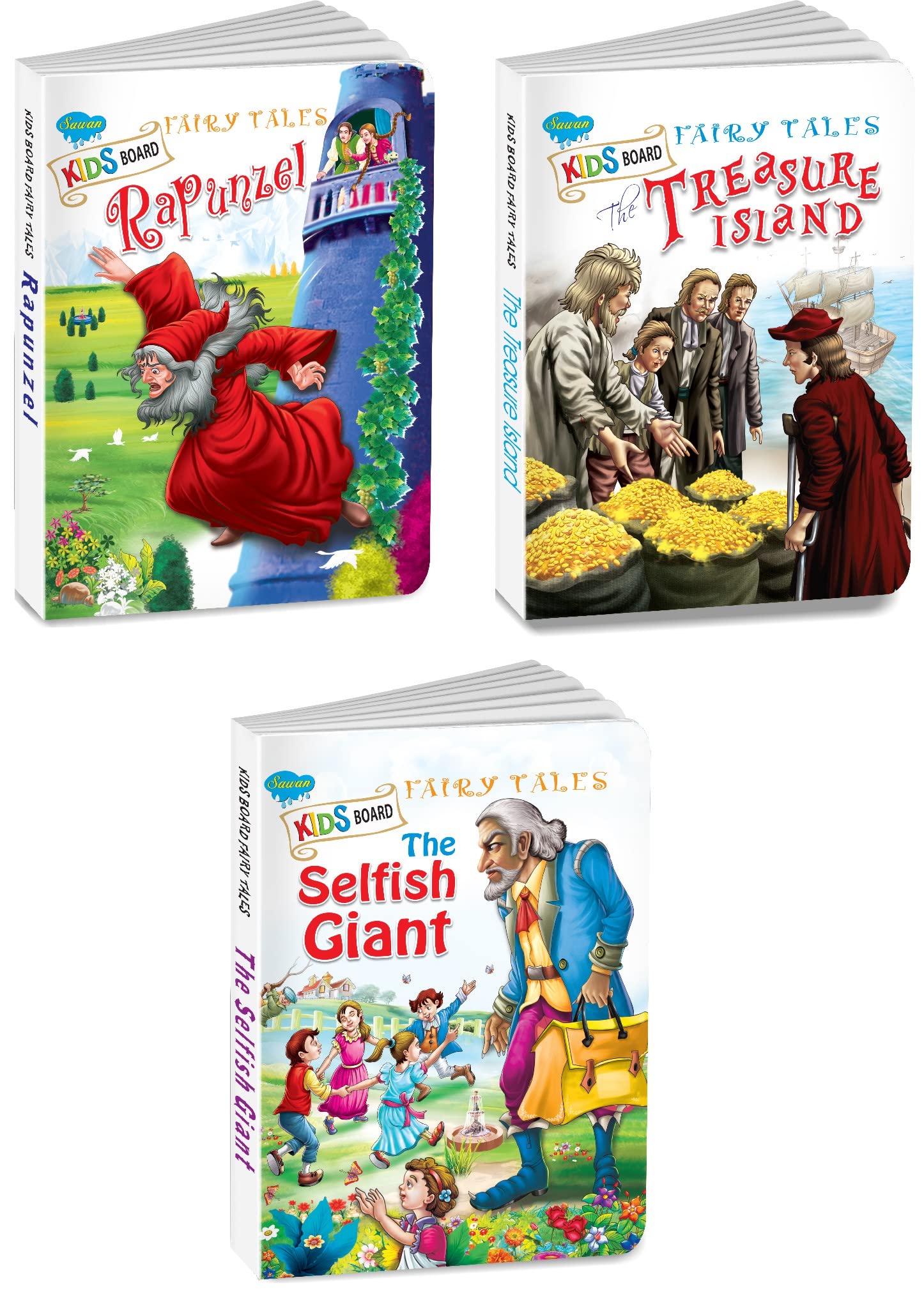 Sawan Set Of 3 Books, Kids Board Fairy Tales (Rapunzel, The Treasure Island, The Selfish Giant)