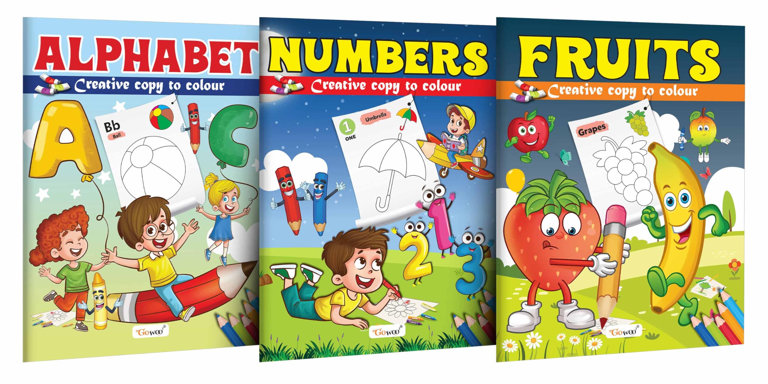 Alphabet, Numbers and Fruits  Creative Copy to Colour book : Early Learning Coloring Book, Fun Coloring Book for Toddlers, Copy