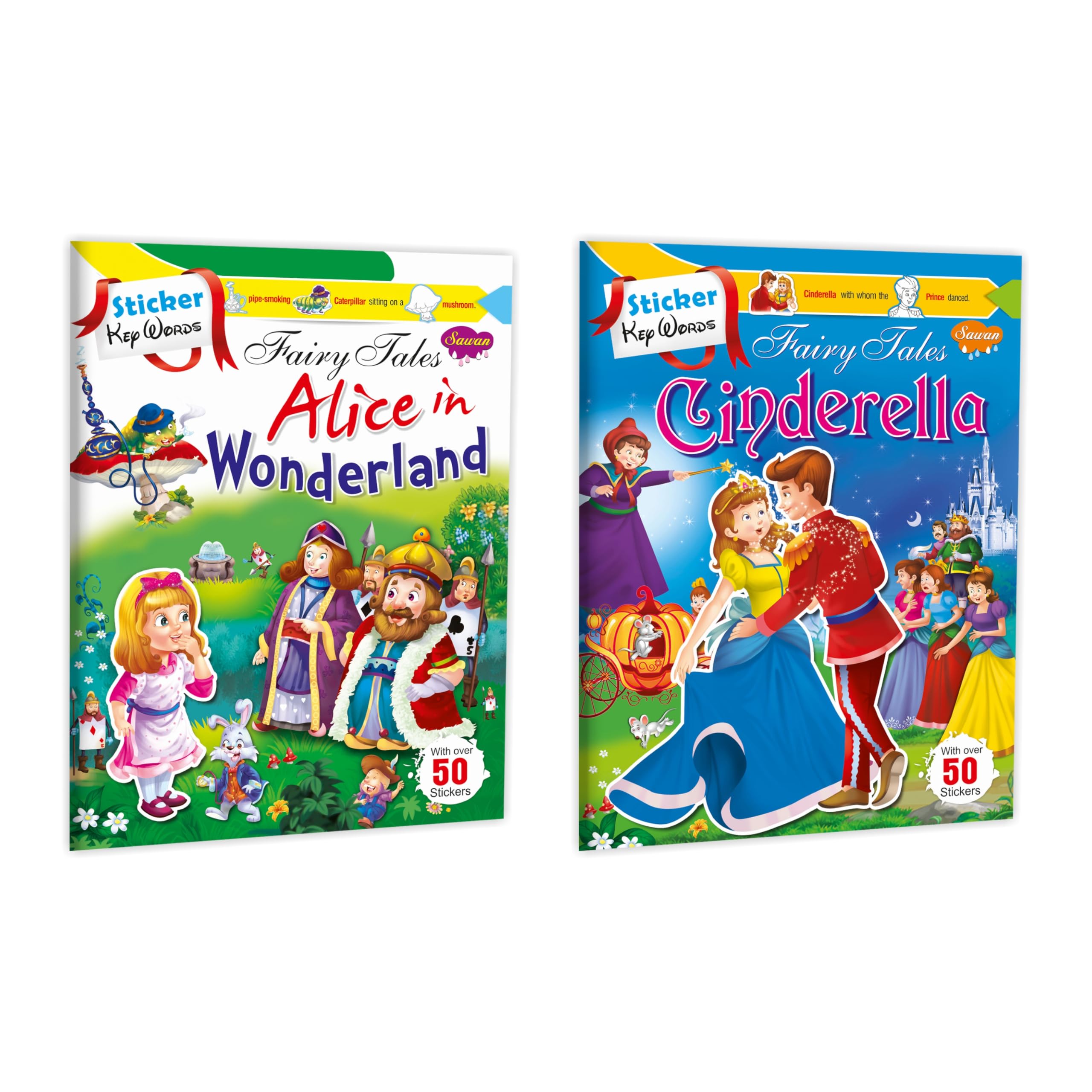 Set Of 2 Books, Sticker Key Words Fairy Tales Of Alice In Wonderland And Cinderella (With Sticker Spread Sheet)