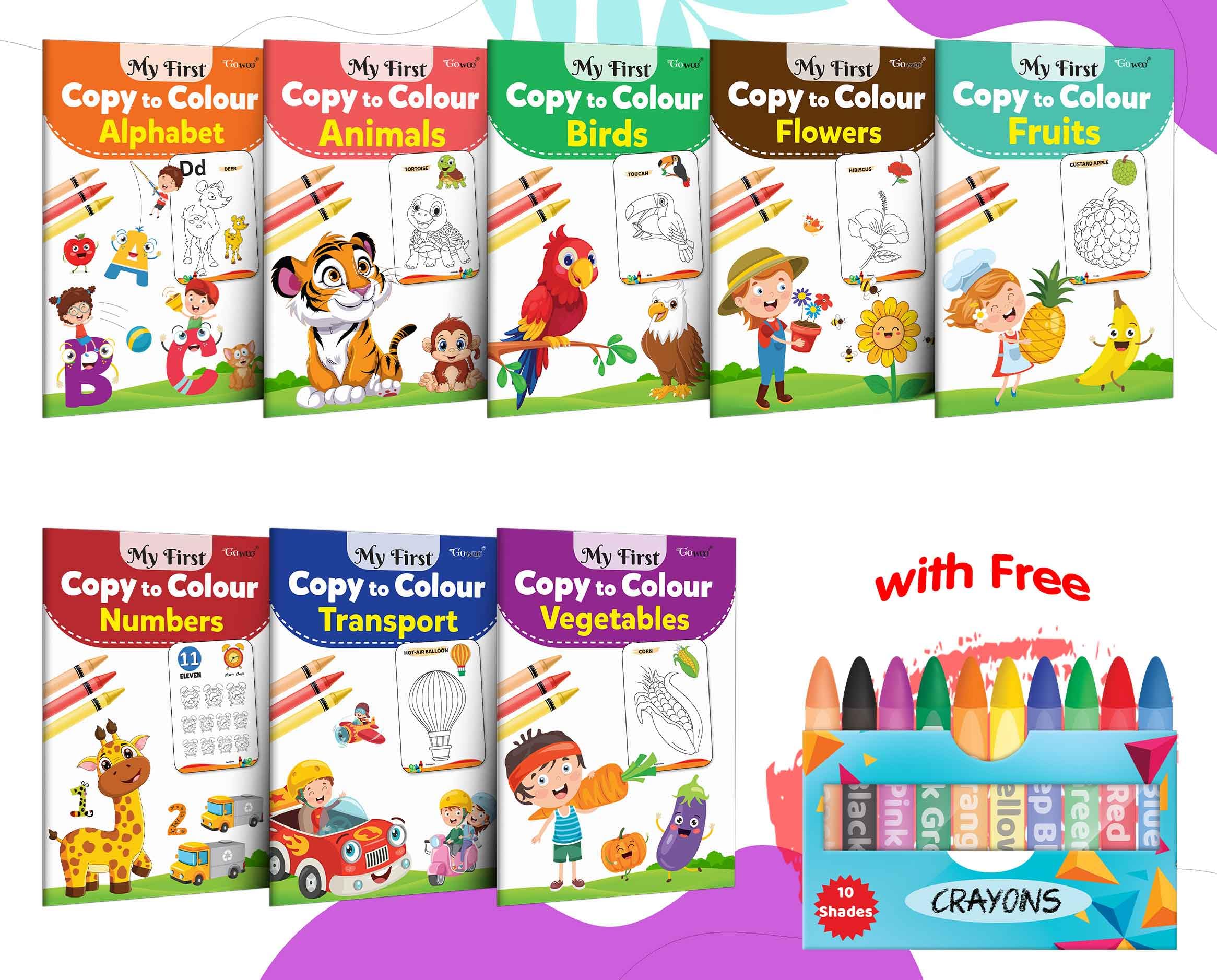 My First Copy to Colour  Alphabet, Animals, Birds, Flowers and more with 10 WAX CRAYONS : interactive colouring book for toodle