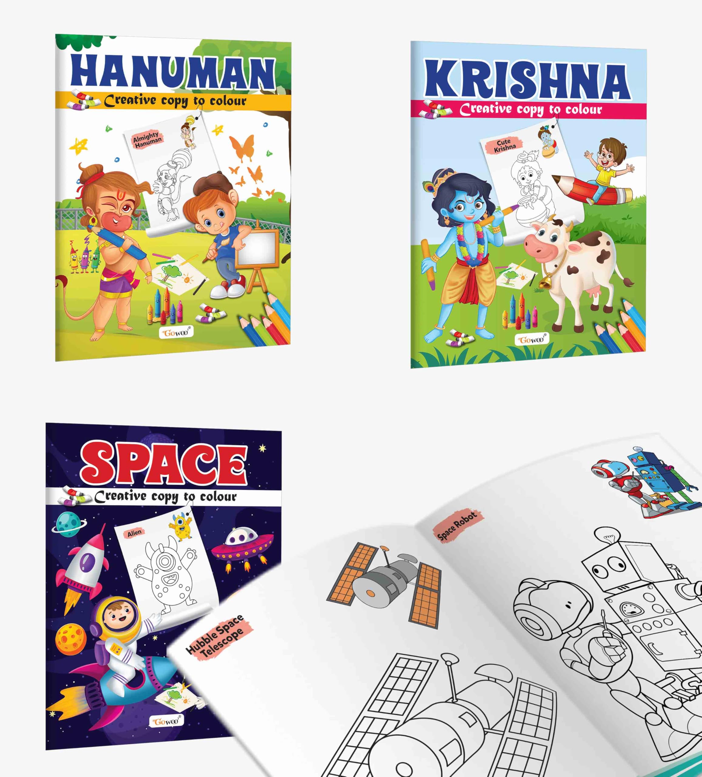 Hanuman, Krishna and Space  Creative Copy to Colour book : Children Coloring Book, religious colouring book for kids, cute god 