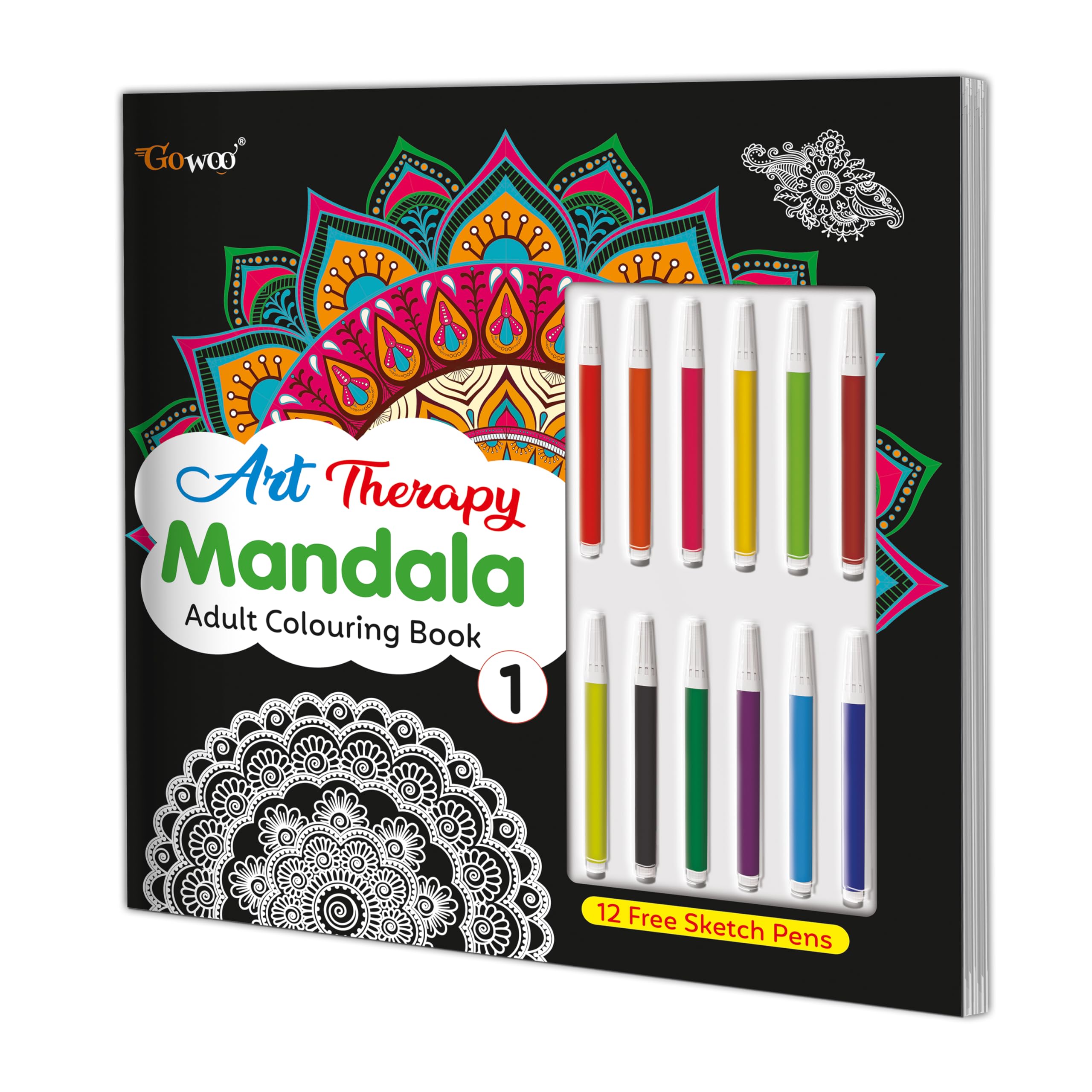 Art Therapy Mandala Adult Colouring Book 1: Mandala Colouring Book, Adult Coloring Book Kit with 12 Sketch Pens, Fun for Adults,