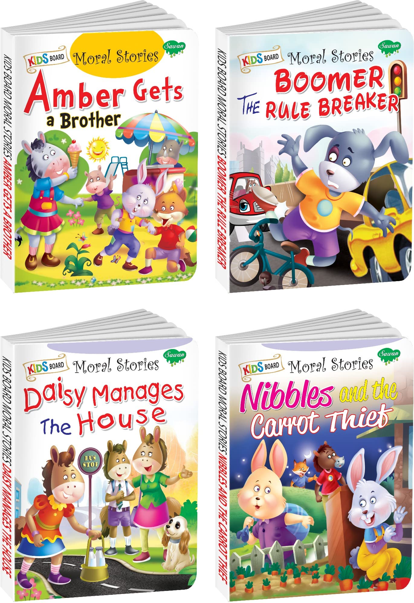 Sawan Kids Board Moral Stories Amber Gets A Brother, Boomer The Rule Breaker, Daisy Manages The House, Nibble And The Carrot Th
