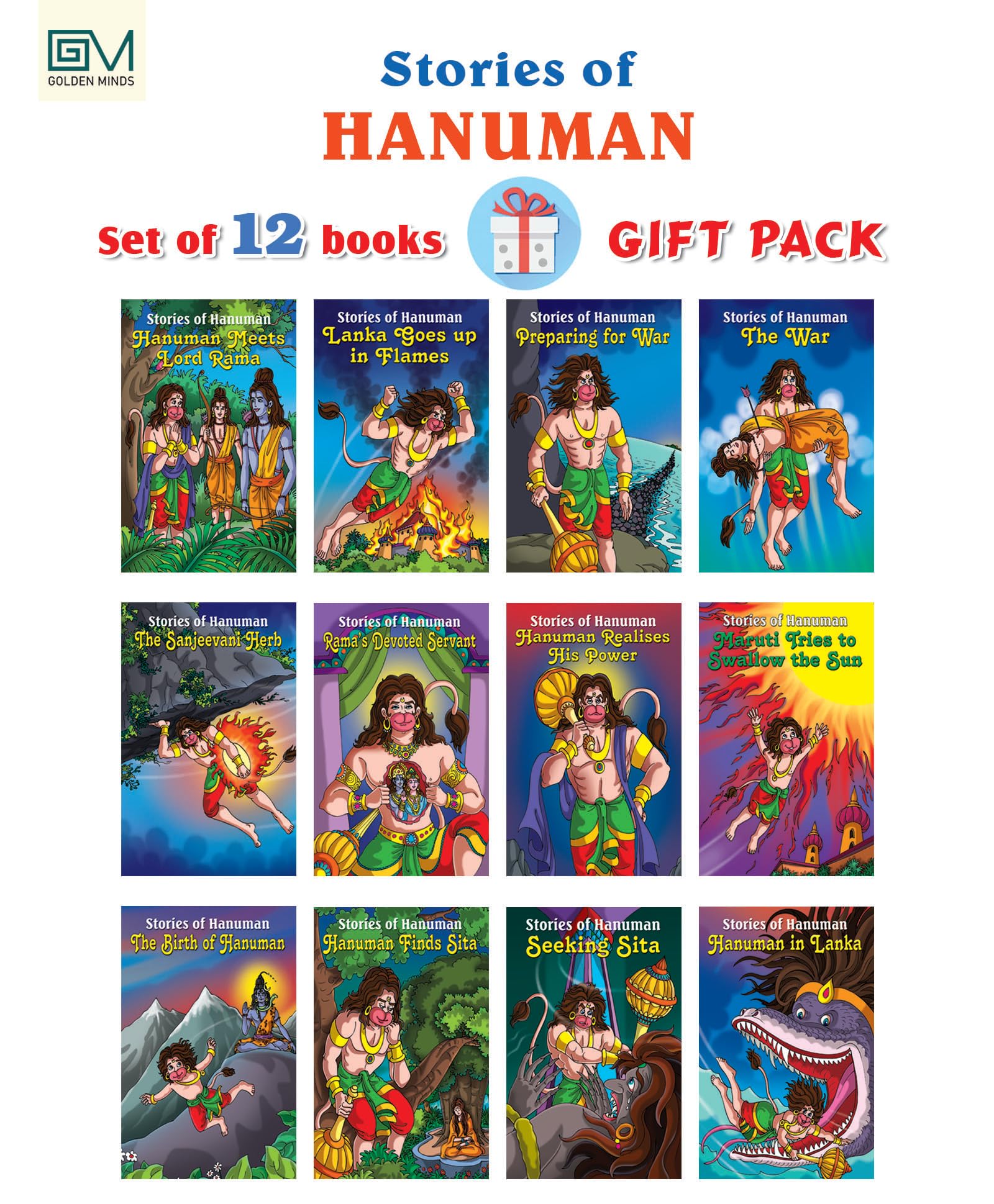 GOLDEN MINDS Stories of Hanuman (Set of 12 Books) for Kids  Inspiring Tales of Adventure, Heroism & Devotion | Fun, Educational