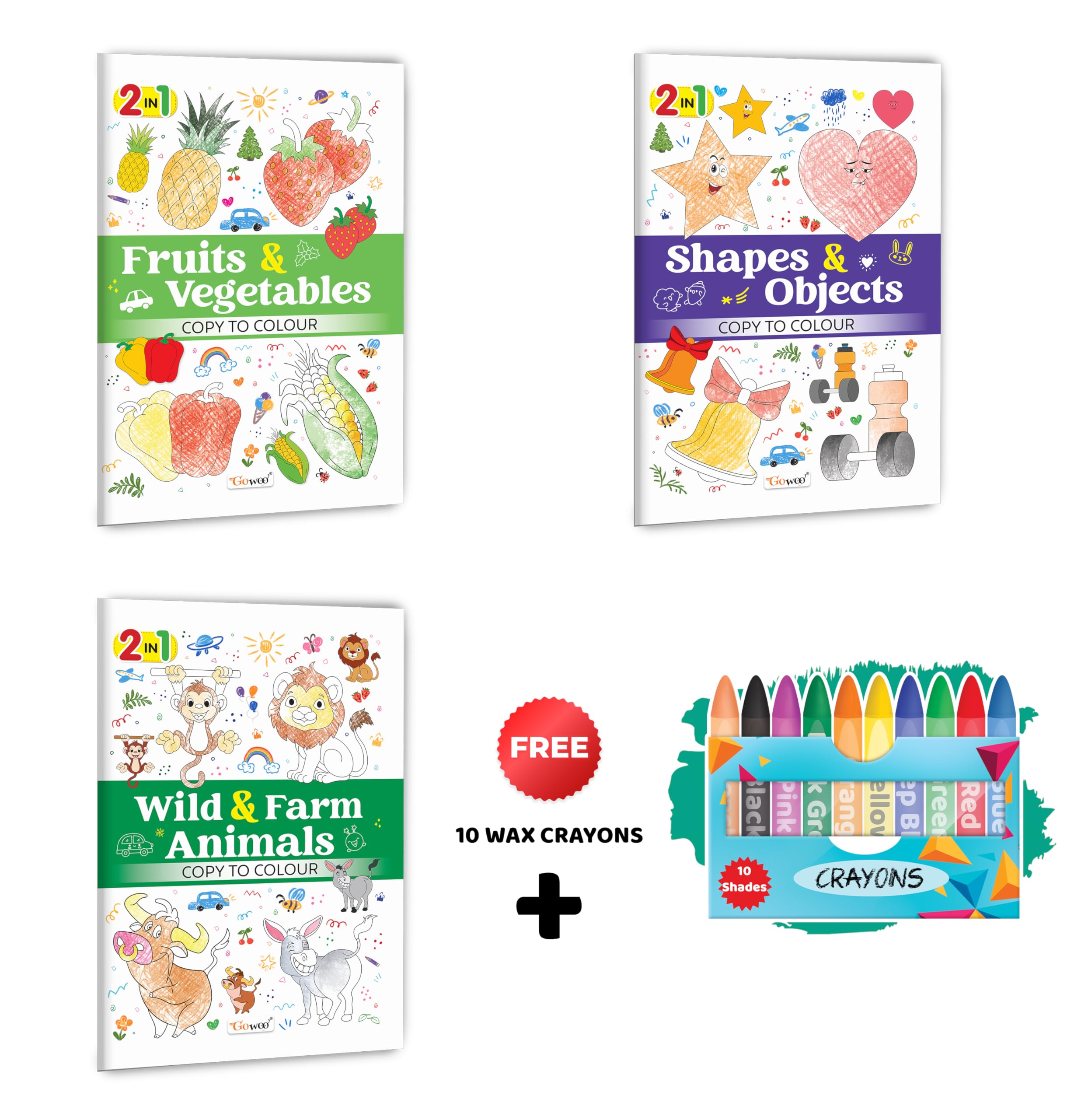 2 in 1 Copy to Colour  Fruits & Vegetables, Shapes & Objects and Wild & Farm Animals with 10 Wax Crayons : Mixed theme colouri