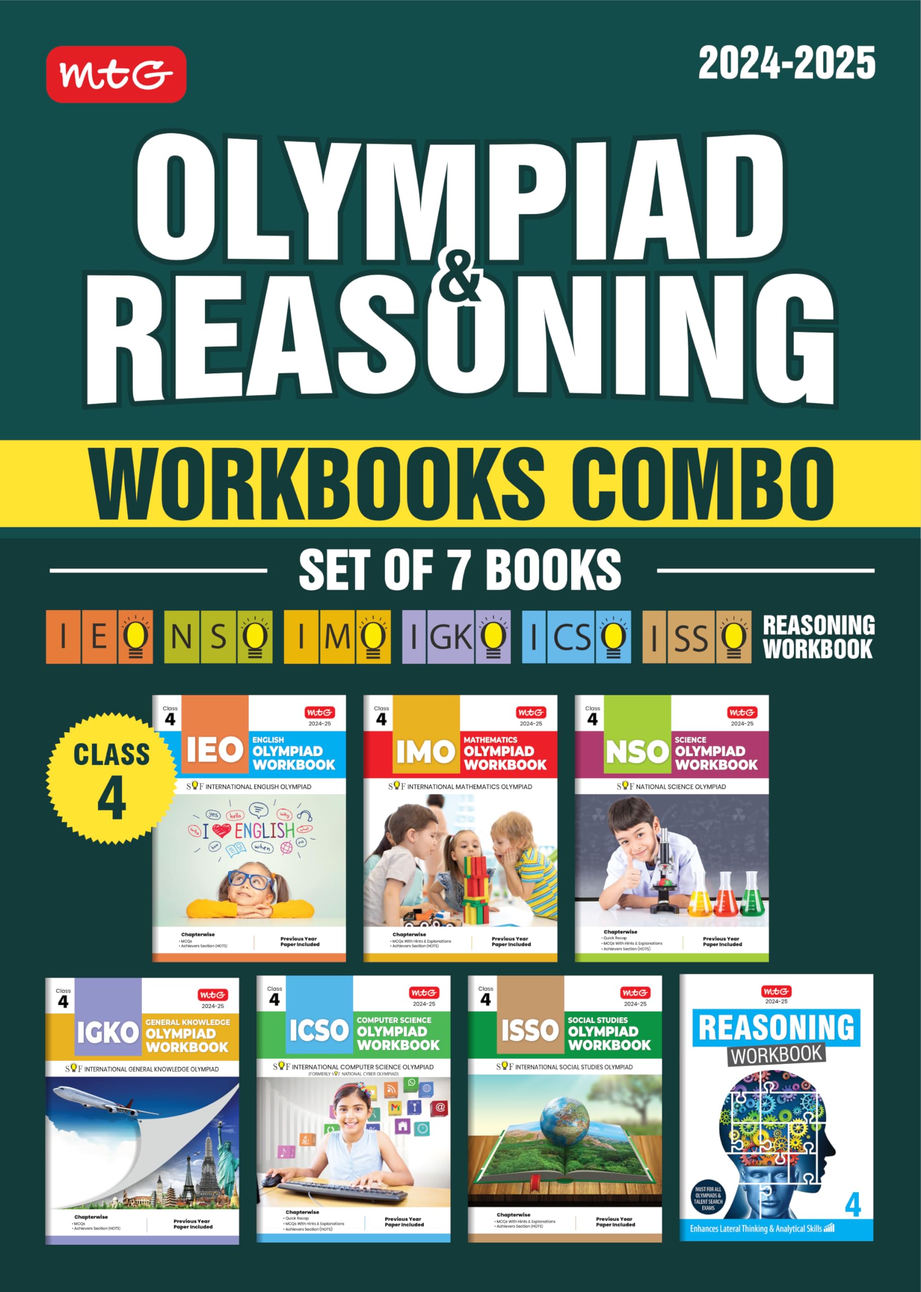 MTG NSOIMOIEOICSOIGKOISSO Olympiad Workbook and Reasoning Book Combo Class 4 (Set of 7 Books) | MCQs, Previous Years Paper 
