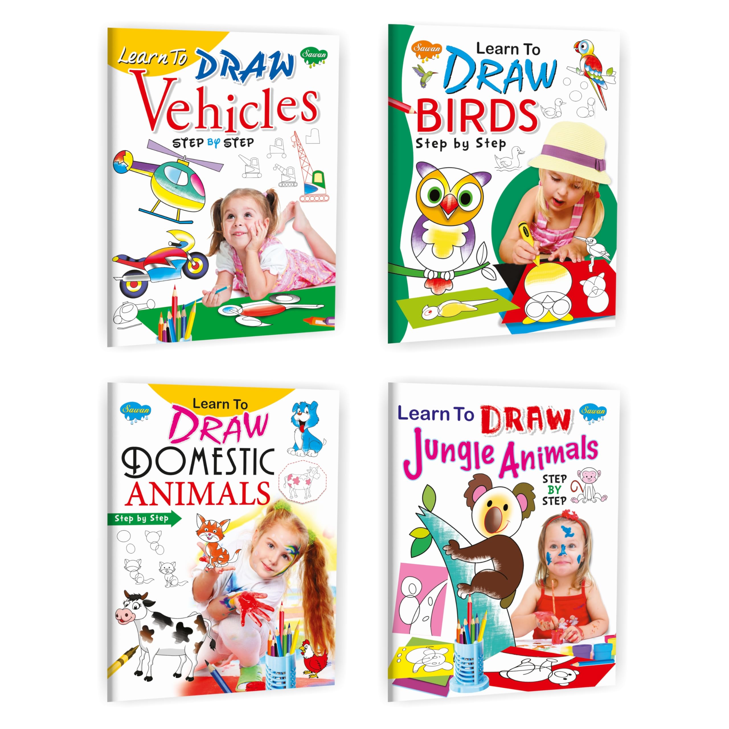 Sawan Present Set Of 4 Learn To Draw Books | Learn To Draw Vehicles, Birds, Domestic Animals And Jungle Animals (Paperback, Mano