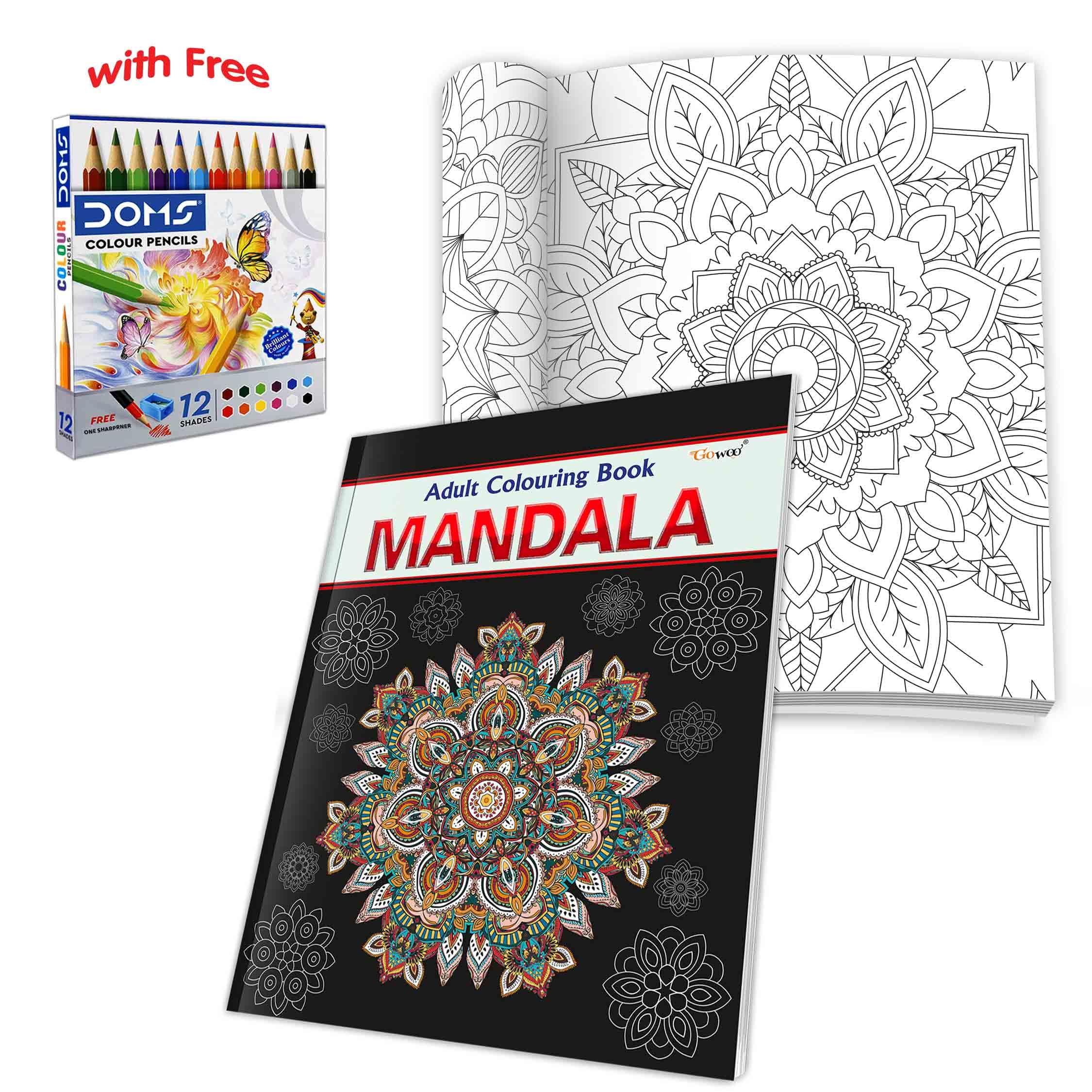 Mandala  Adult Colouring Book with 12 Colour Pencils + 1 Sharpner : peaceful art therapy book, mental wellness colouring book, 