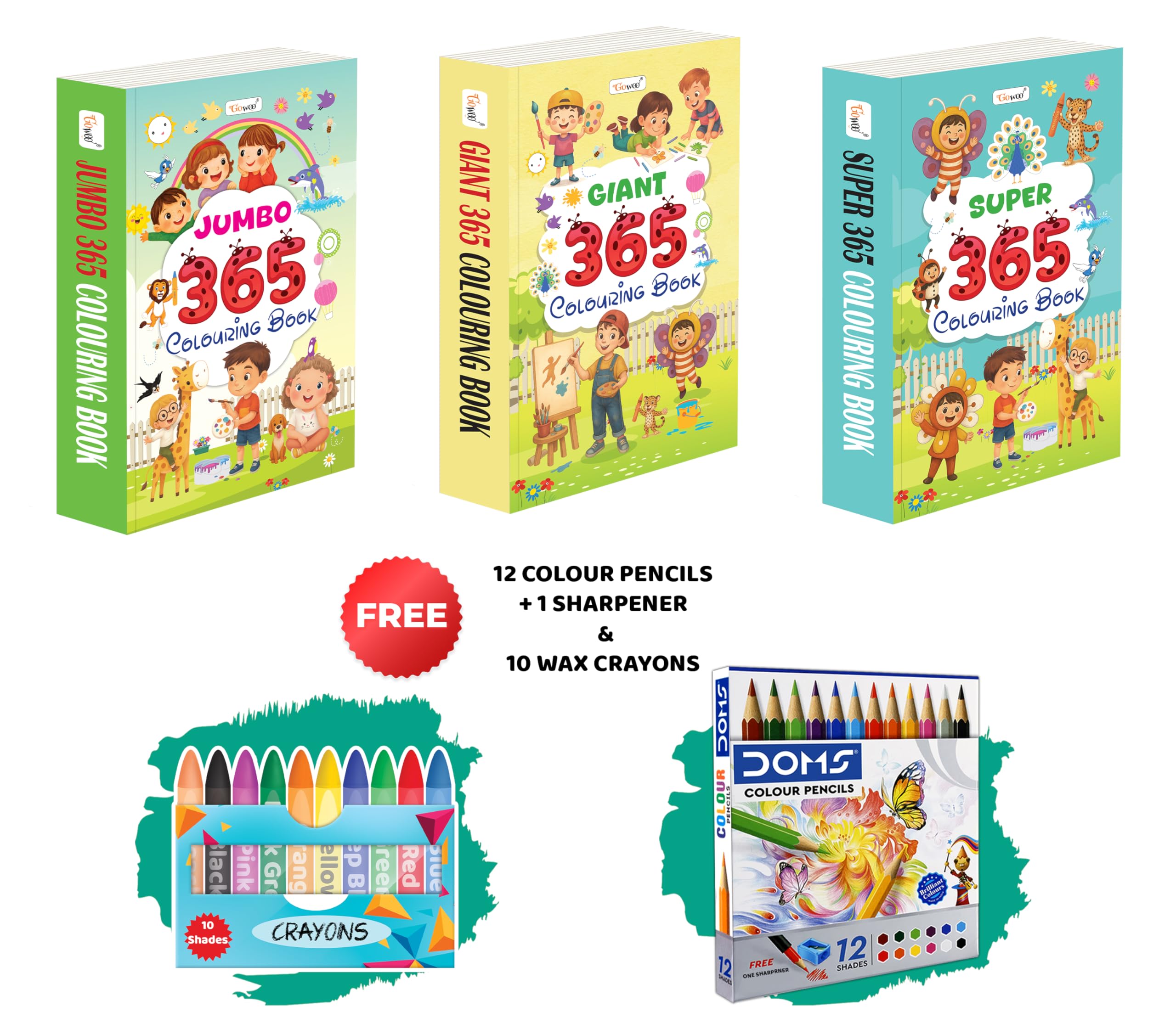 JUMBO, SUPER & GIANT  365 Colouring Books with 12 Colour Pencils + 1 Sharpener and 10 Wax Crayons : daily colouring for kids, 