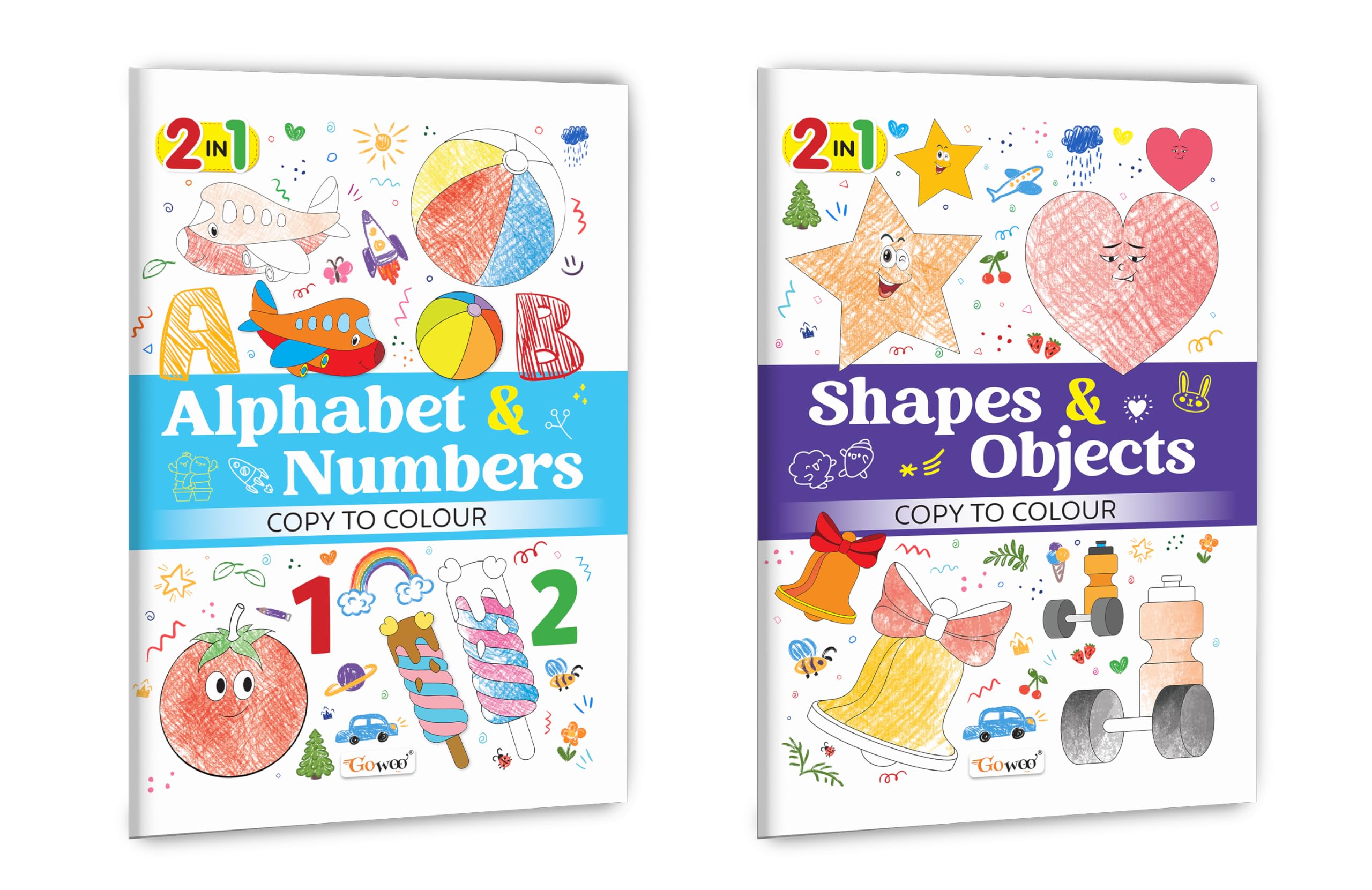 2 in 1 Copy to Colour  Alphabet & Numbers and Shapes & Objects : Creative colouring pair, Fun activity for kids, Imaginative 2