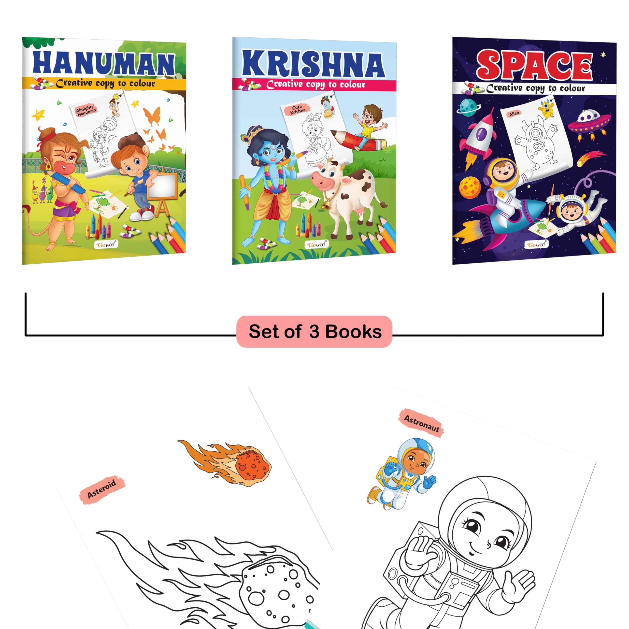 Hanuman, Krishna and Space  Creative Copy to Colour book : educational colouring book for kids, drawing and colouring combo | P