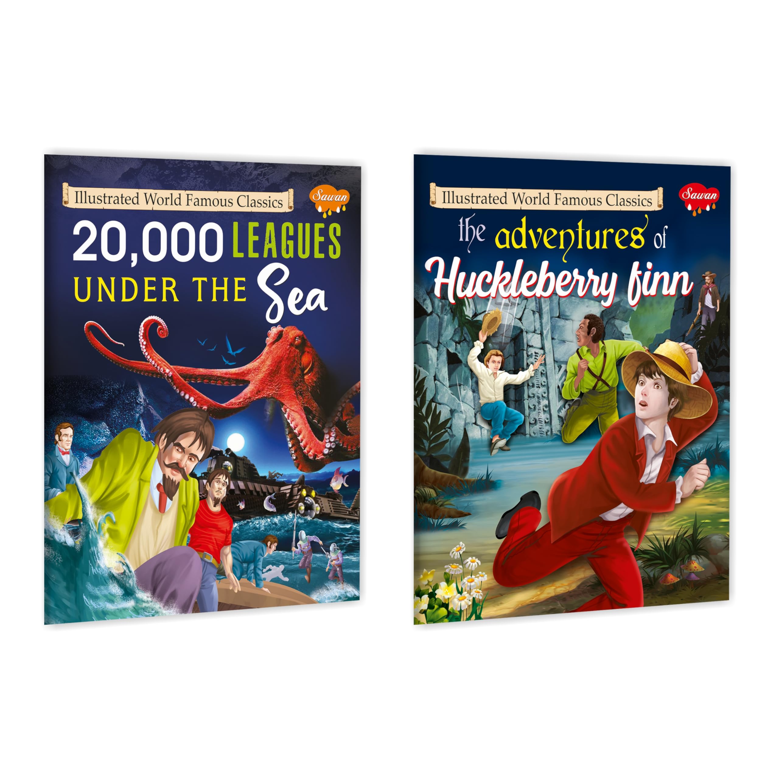 Illustrated World Famous Classic 20,000 Leagues Under The Sea And Adventure Of Huckleberry Finn | Pack Of 2 Books