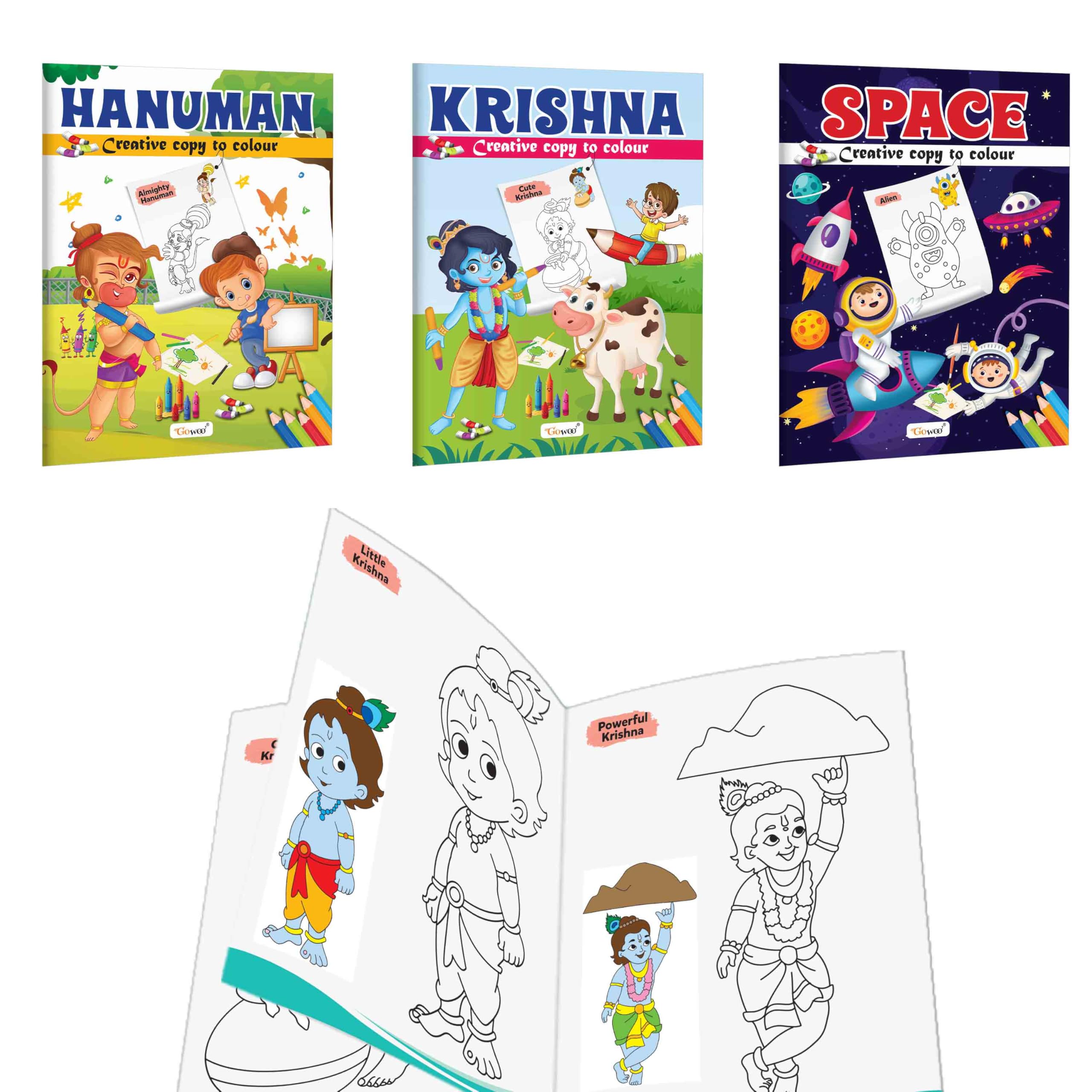Hanuman, Krishna and Space  Creative Copy to Colour book : mythology colouring book for kids, preschoolers colouring book, spac