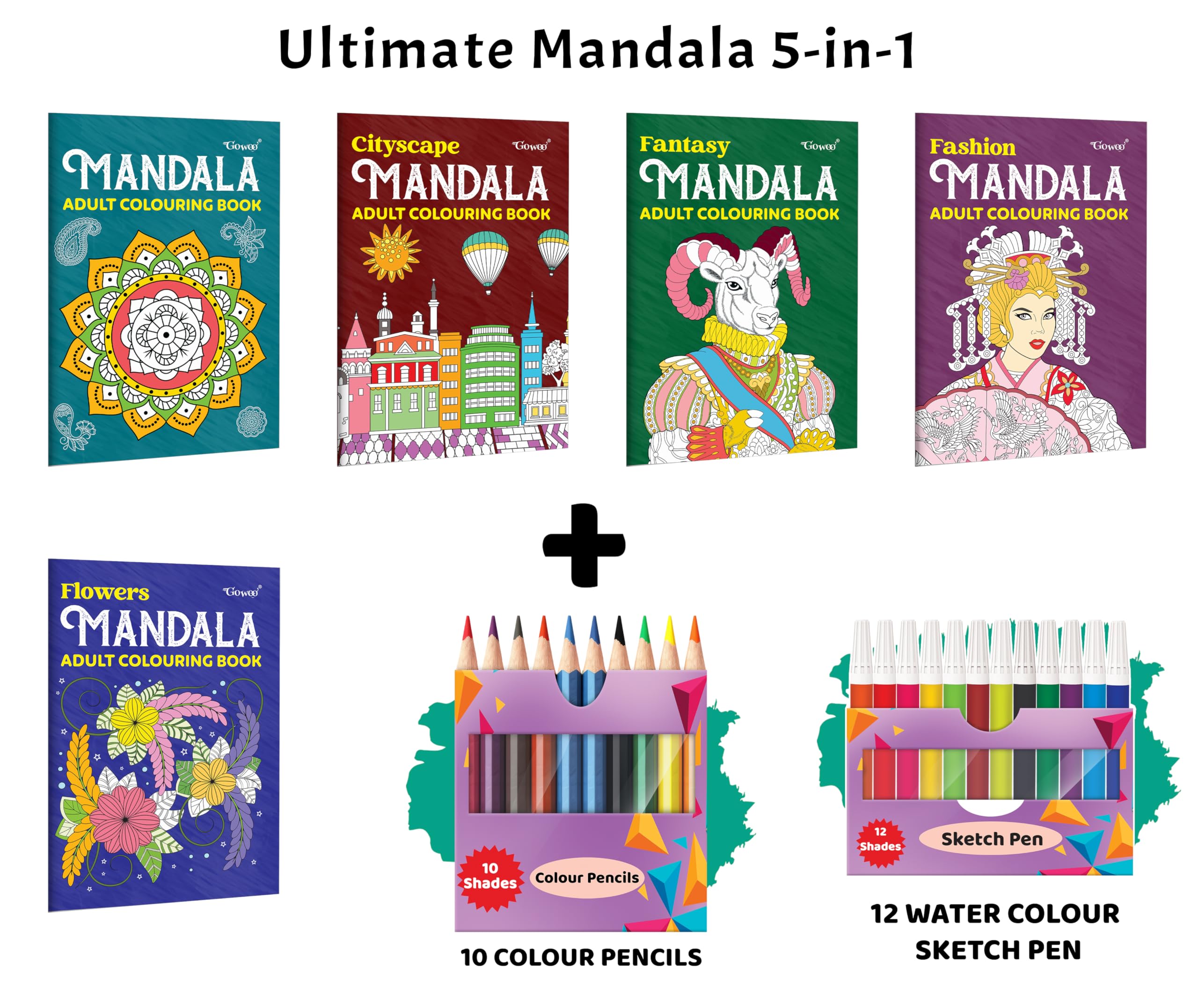 Cityscape, Fantasy, Fashion  Mandala Adult Colouring Book and more with 12 Water Colour Sketch Pens and 10 Colour Pencils : st