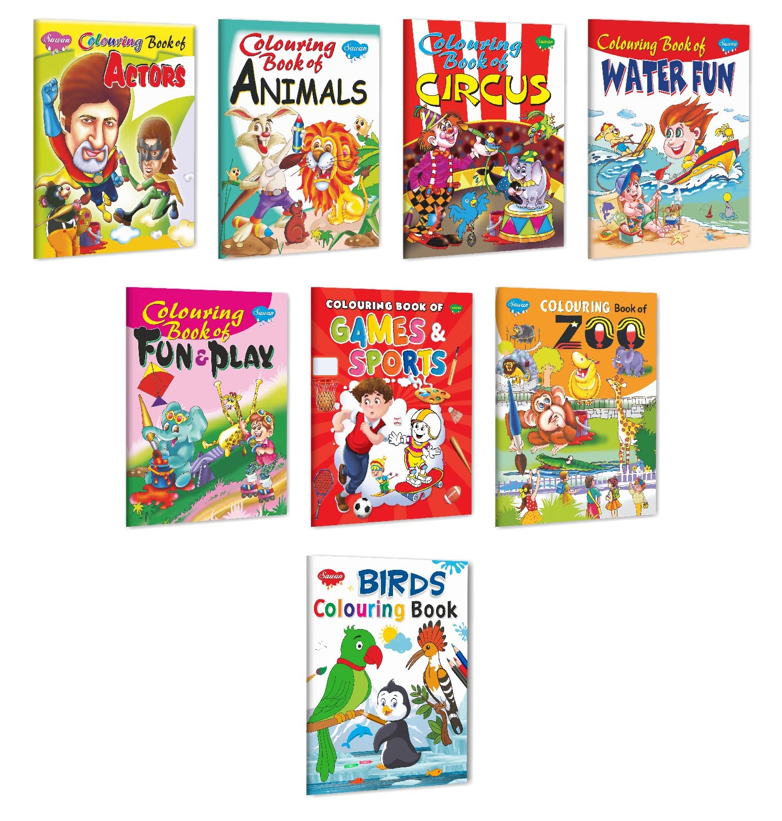 Sawan Set Of 8 Books Colouring Books For Kids (Colouring Book Of Actor, Animals, Circus, Water Fun, Fun And Play, Games And Spor