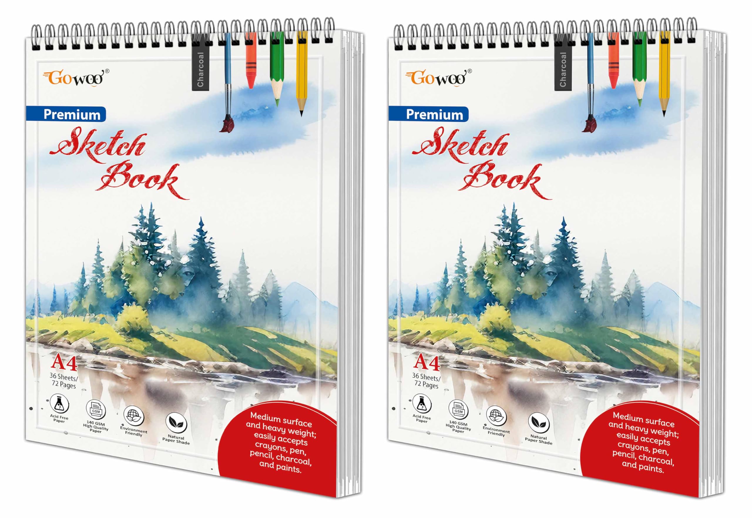 A4 Premium Sketch Book : Set of 2 Top SpiralBound Art Notebooks, 36 sheets book, 140 GSM Paper For Drawing, Painting And Sketch