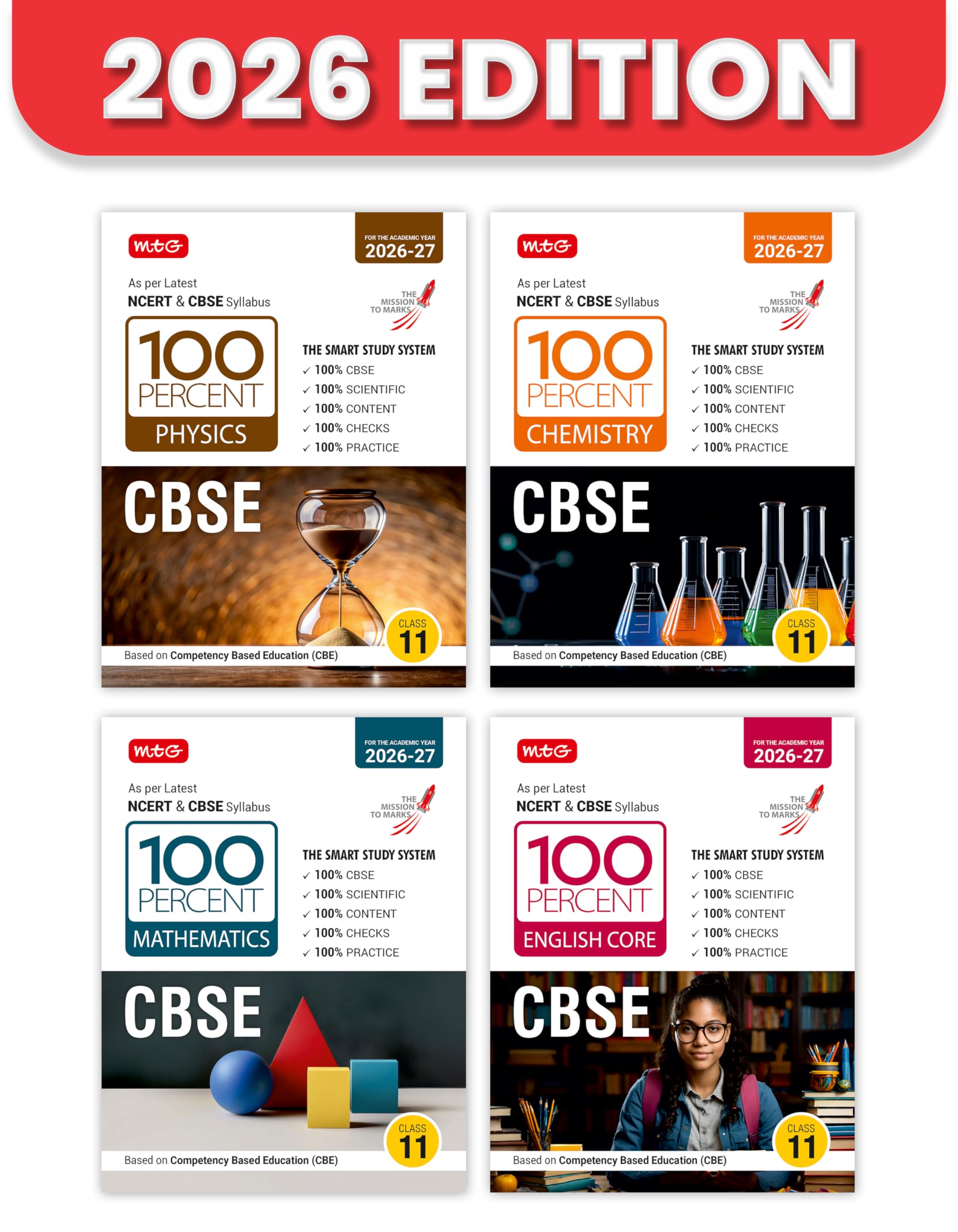 MTG 100 Percent NCERT & CBSE Physics, Chemistry, Mathematics, English Class 11 For 202627 Exam (Set of 4) | As Per Revised NCER