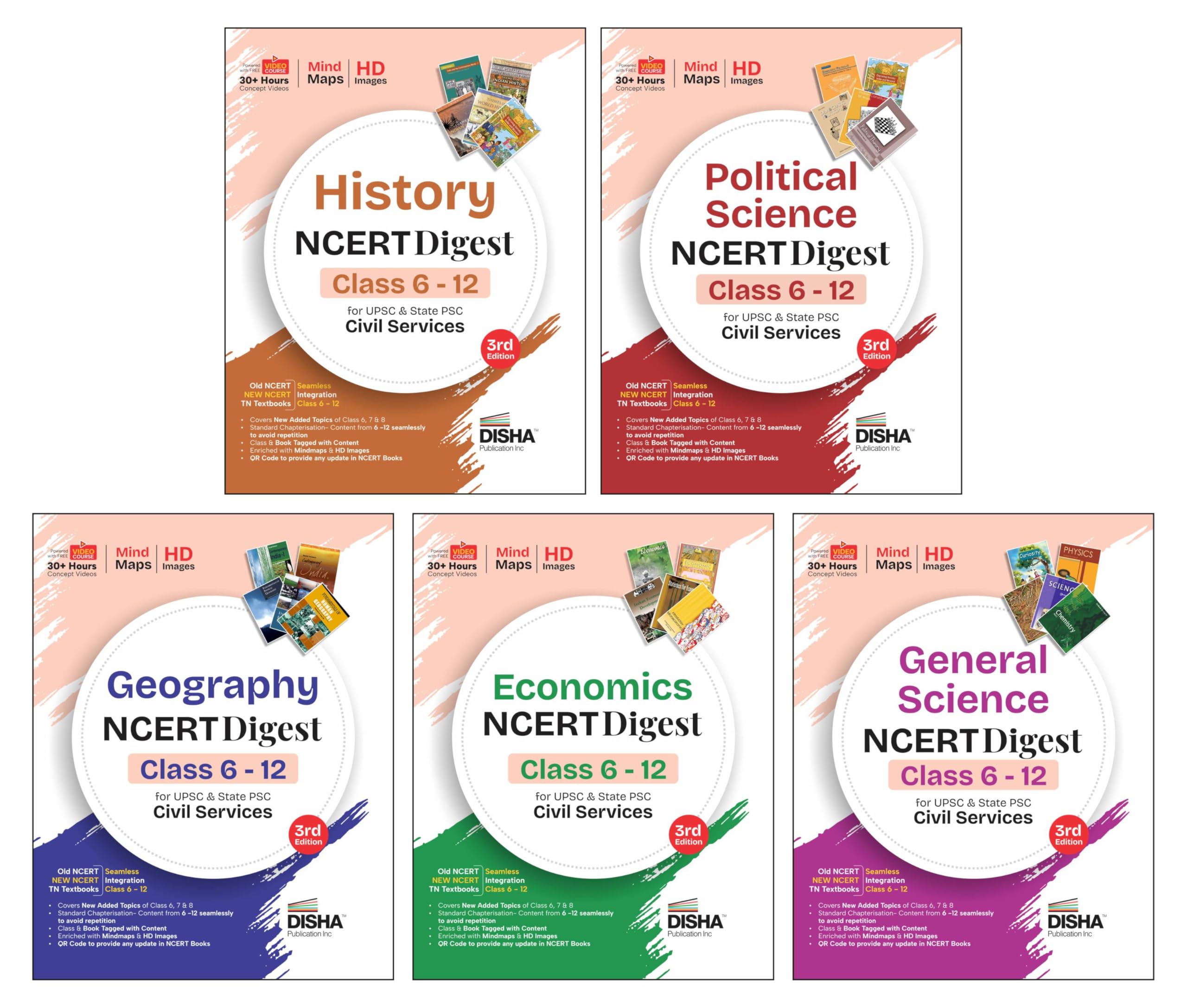 Disha Combo (5 Books) History, Political Science, Economics, Gen Science & Geography NCERT Digest (Class 6  12) for UPSC & Stat