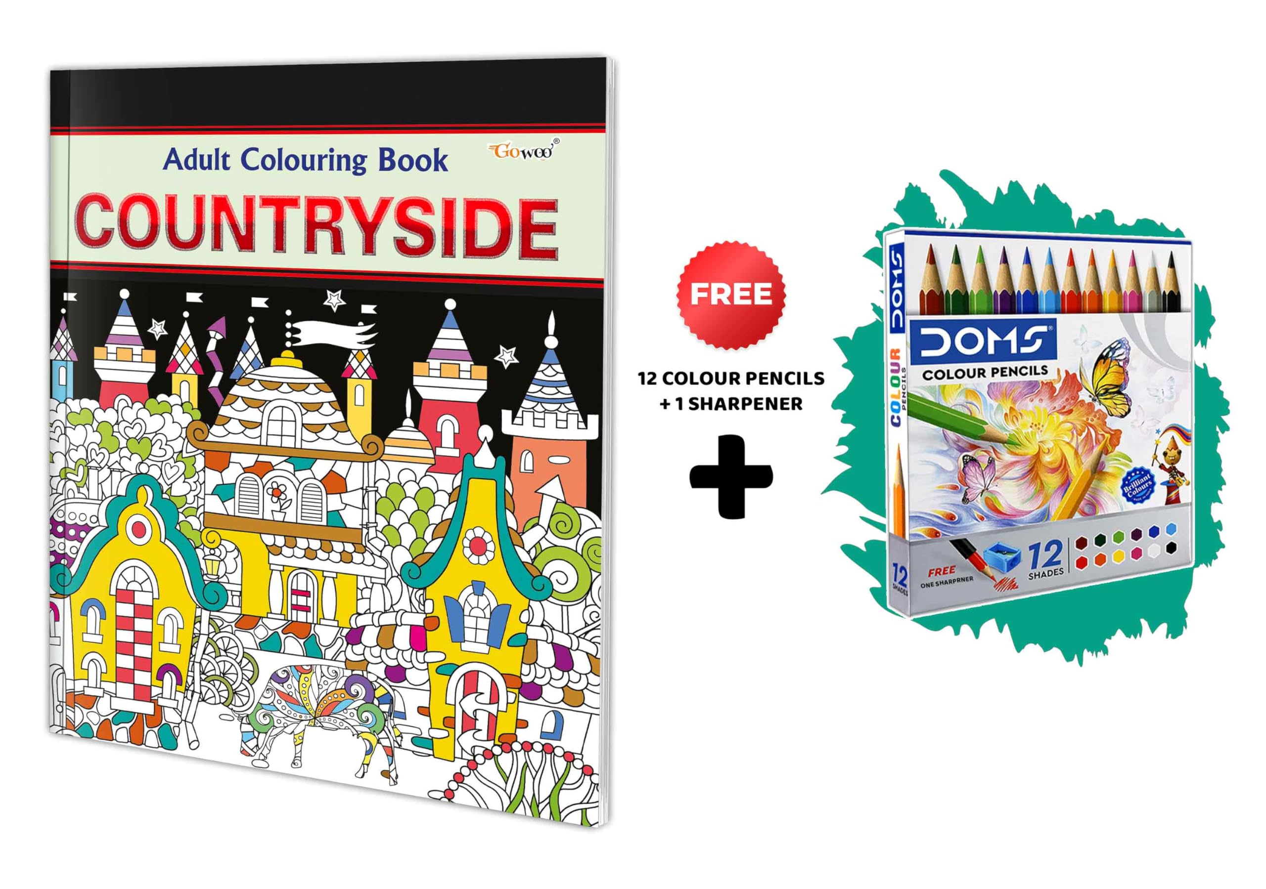 Countryside  Adult Colouring Book with 12 Colour Pencils + 1 Sharpner : Coloring Book for adults, Relaxing Art Coloring Book, C