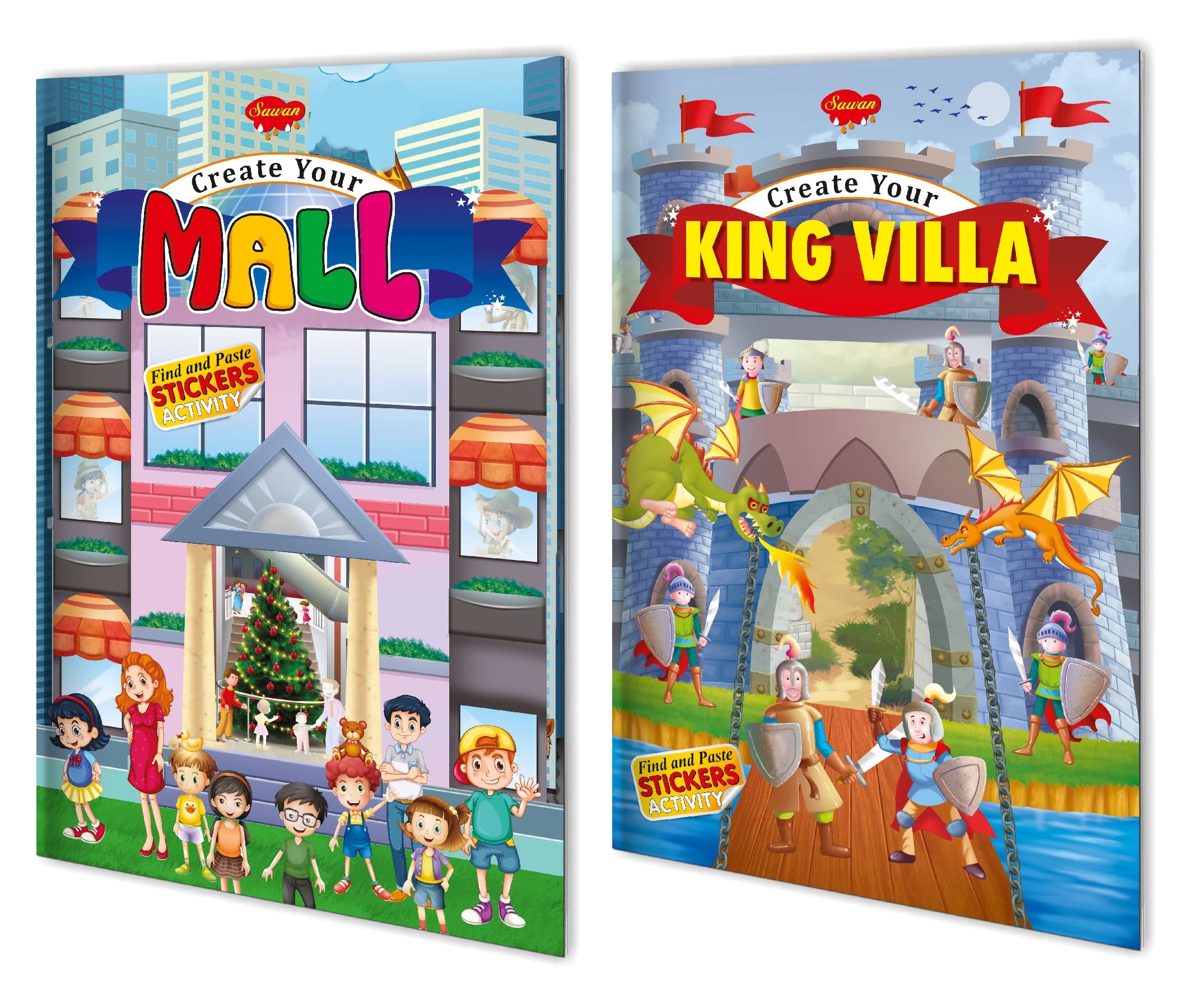 Find And Paste Sticker Activity Book Create Your Kings Villa, Create Your Mall | Pack Of 2 Big Books