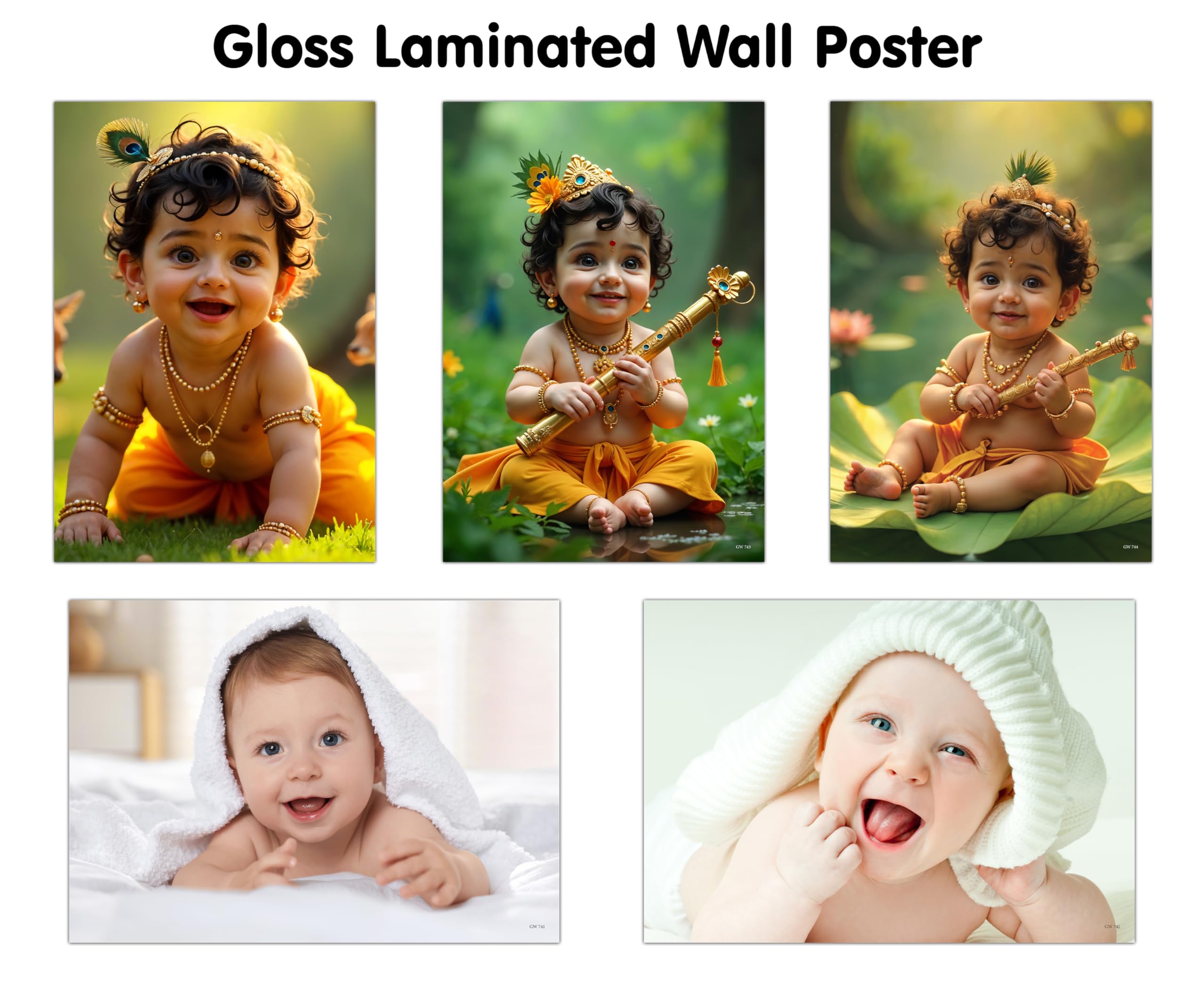 KRISHNA BABY POSTER  1, 2, 3 and BABY POSTER  5 and 6 (GLOSS LAMINATION) : toddlers glossy laminated artwork, attractive baby