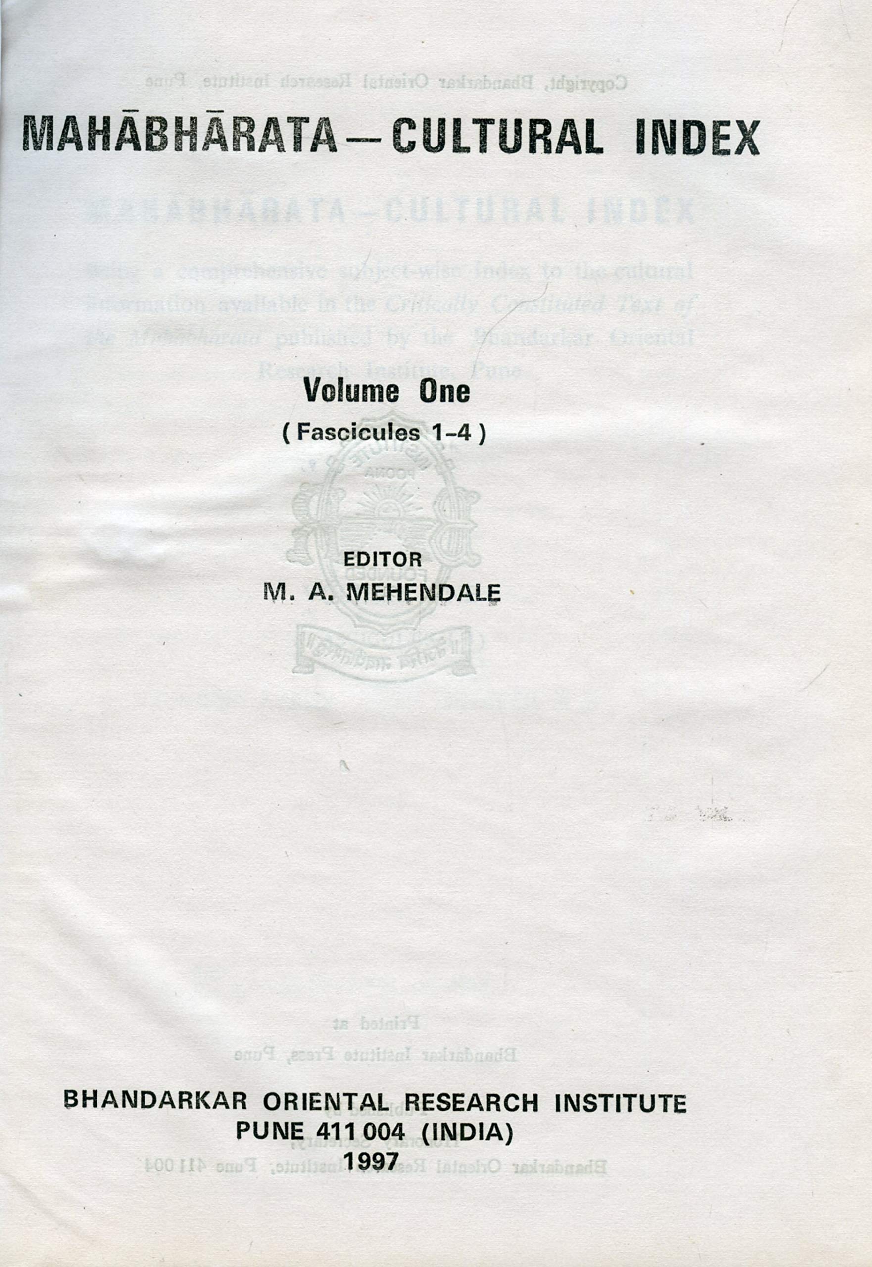 Mahabharata Cultural Index  Vol. I, Fasc I To Iv