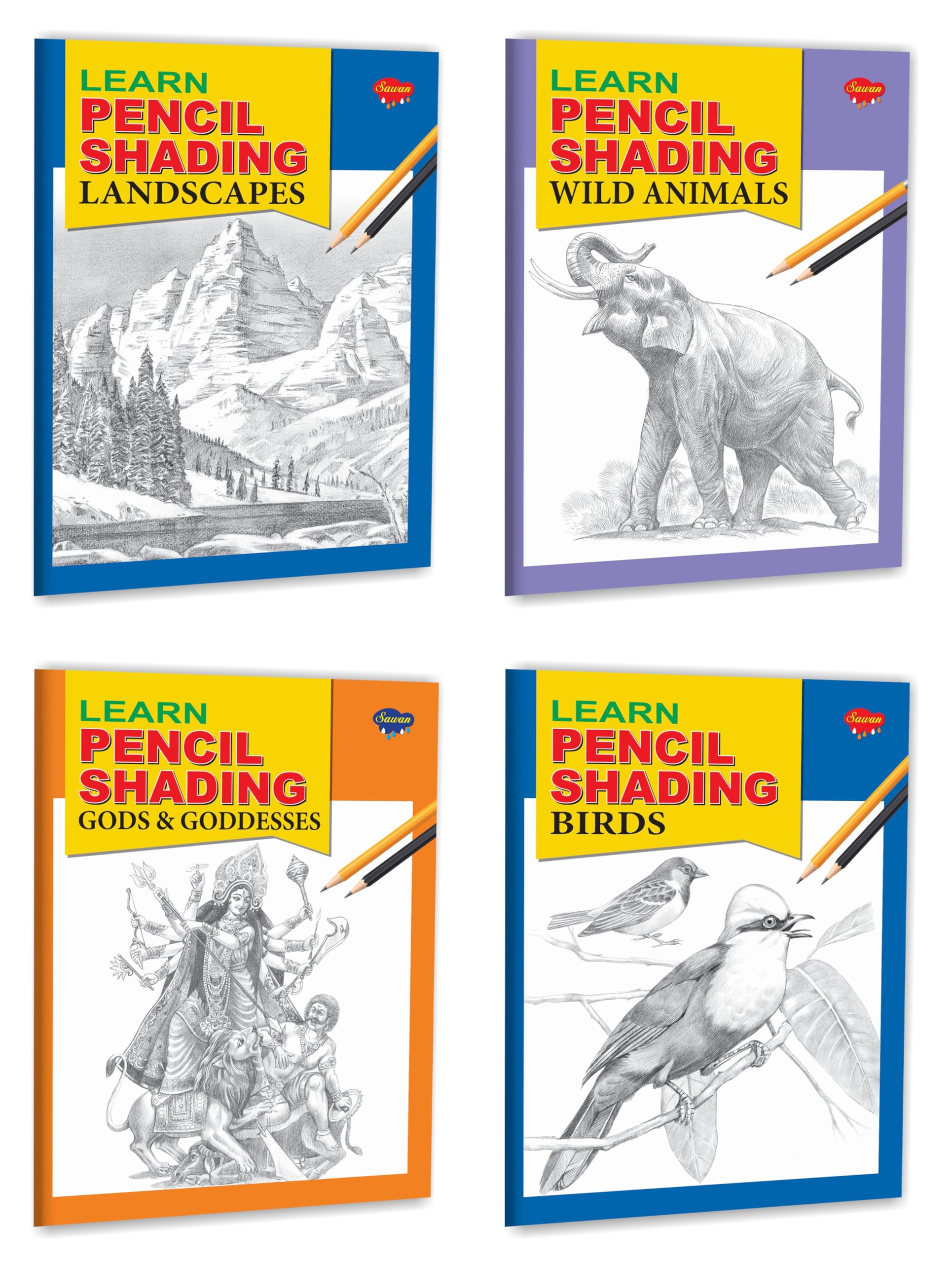 Sawan Learn Pencil Shading Wild Animals, Landscapes, Birds, Gods & Goddesses | Pack Of 4 Books [Paperback] Sawan; Manoj Publicat