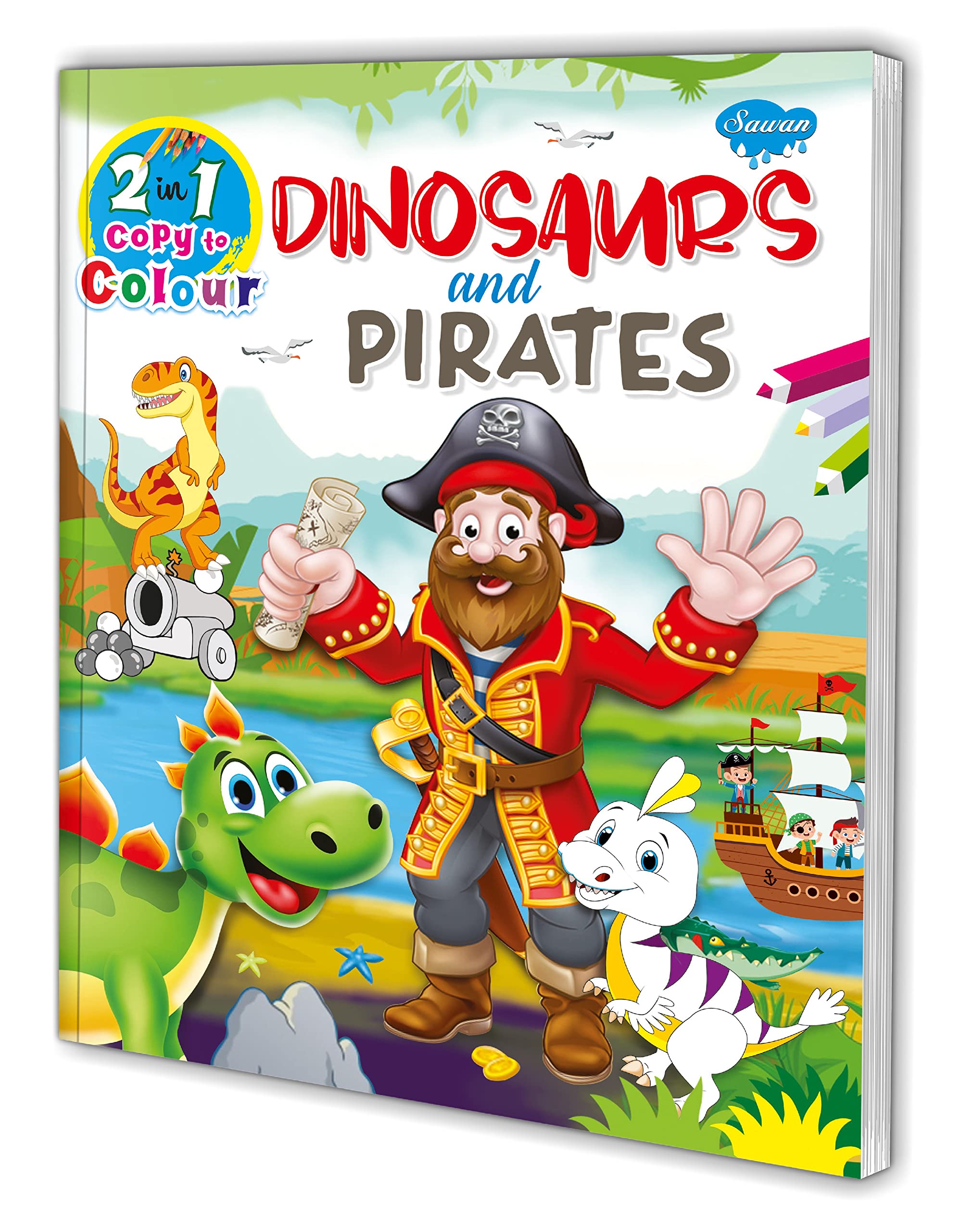 2 In 1 Copy To Colour Dinosaurs And Pirates Colouring Book