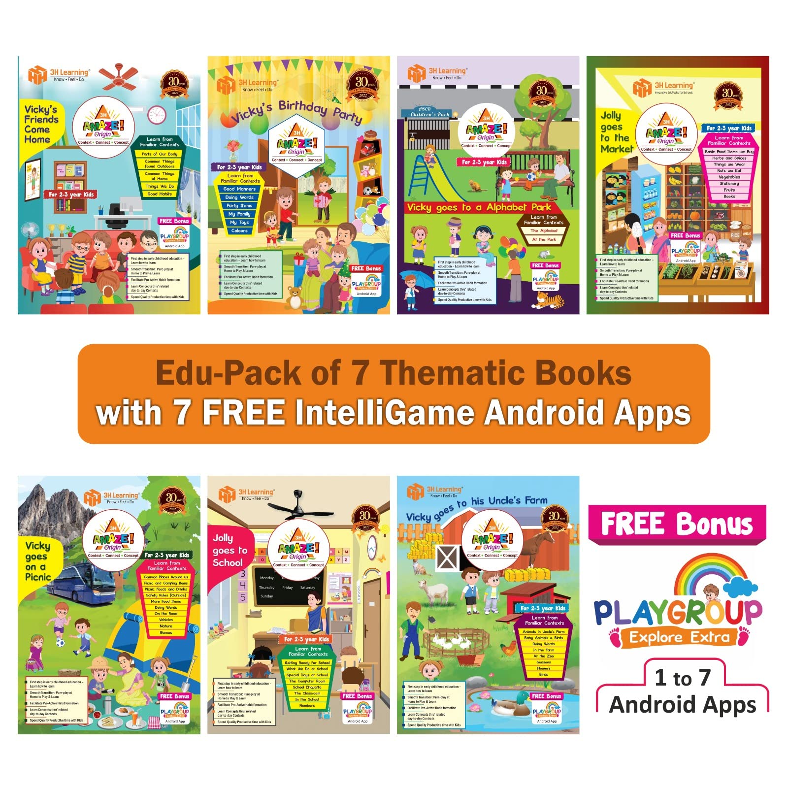 Playgroup 7 Textbooks For 2  3 Yr Kids Amaze Origin EduPack With 7 Free Intelligame Android Apps| Covers 7 Themes; 45 Topics, 