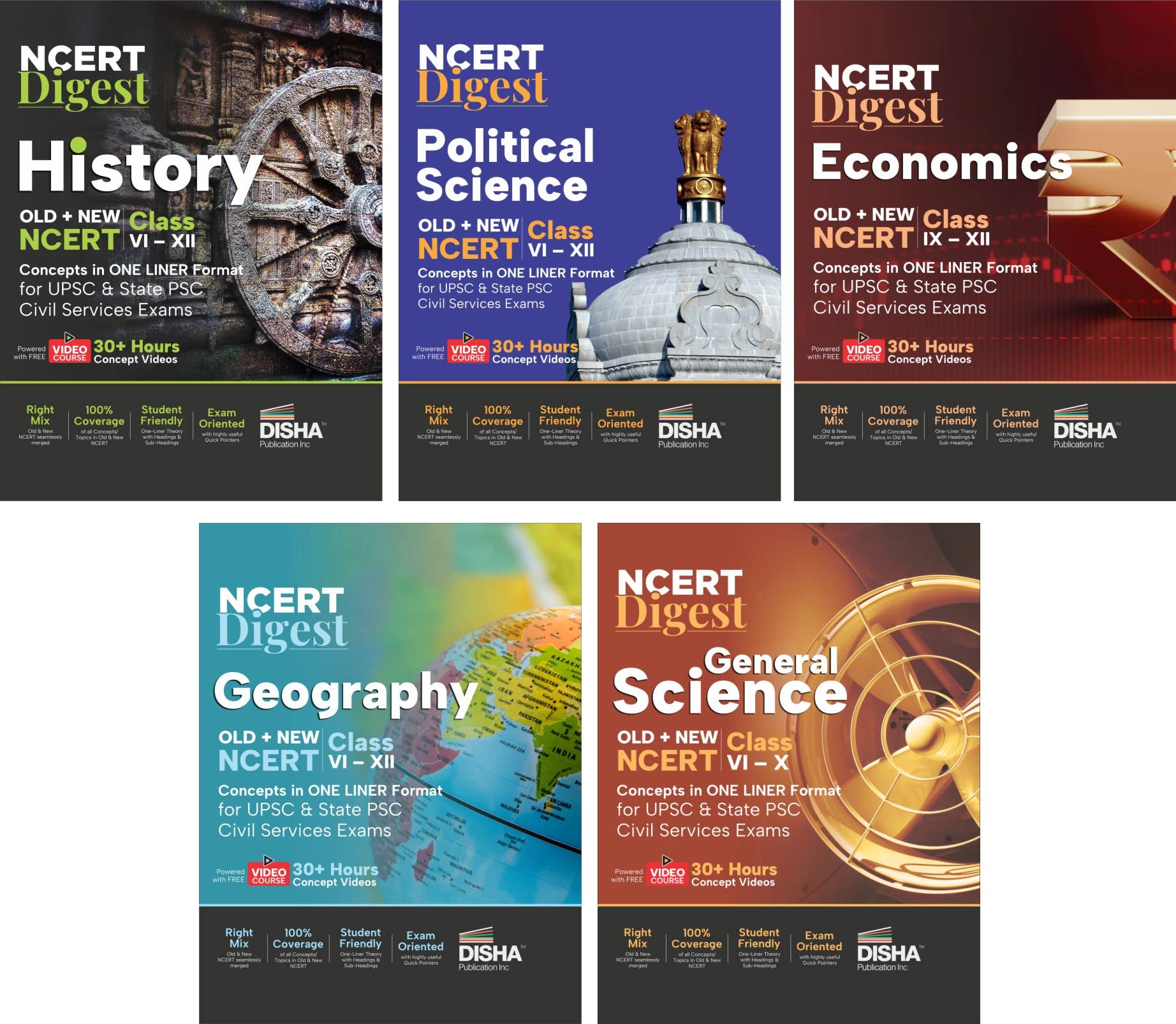 Combo (Set Of 5 Books) Ncert Digest  Old + New Ncert Class Vi  Xii Concepts In One Liner Format For Upsc & State Psc Civil Ser
