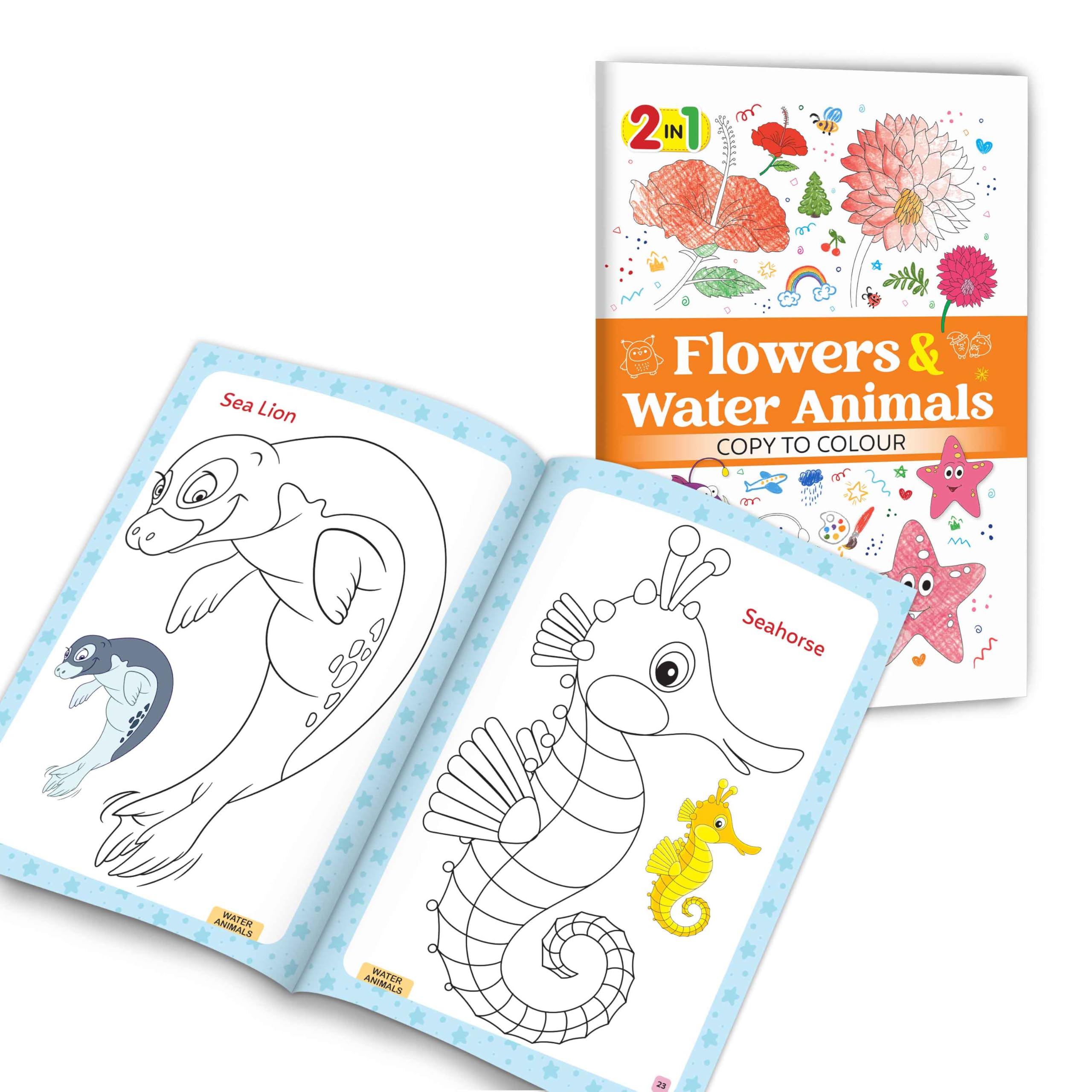 2 in 1 Flowers & Water Animals Copy to Colour : floral and aquatic designs for kindergarten, Blooming flower artwork, Naturein