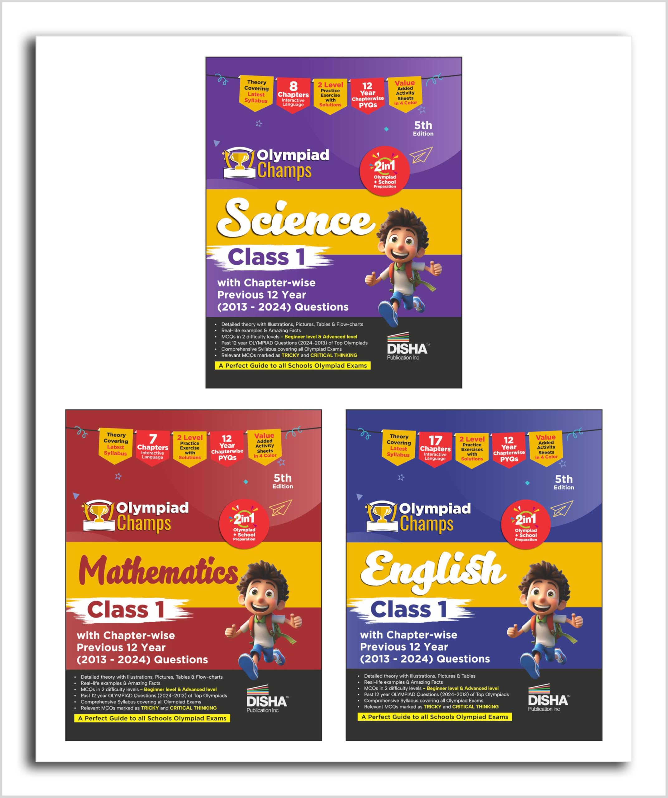 Disha Combo Class 1 (set of 3 books) Olympiad Champs Science, Mathematics, English with Chapterwise Previous 12 Year (2013  20