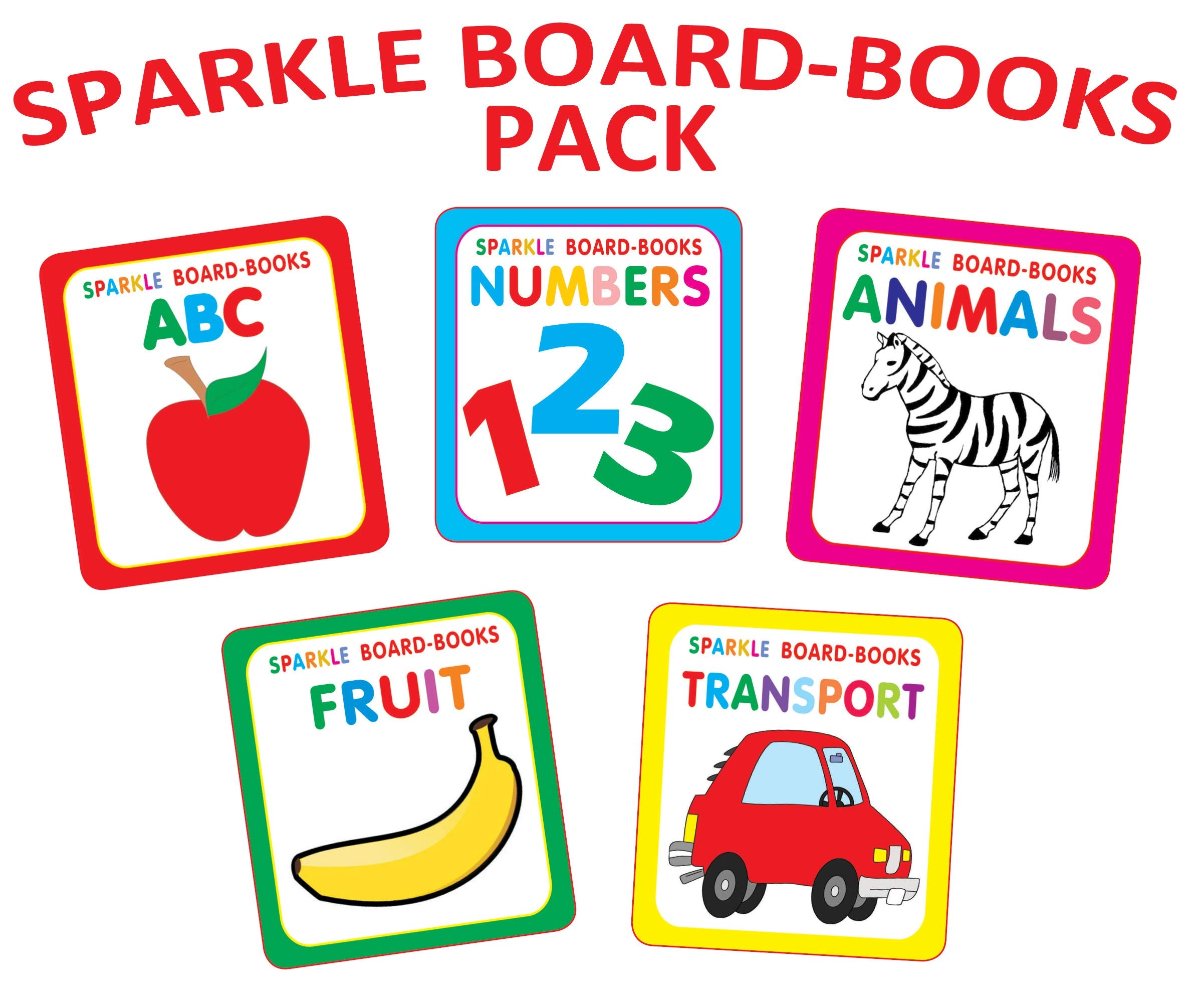 Sparkle Board Book Collection | Pack of 5 Interactive Board Books | ABC, Animals, Fruit, Numbers & Transport | Durable Sparkle P