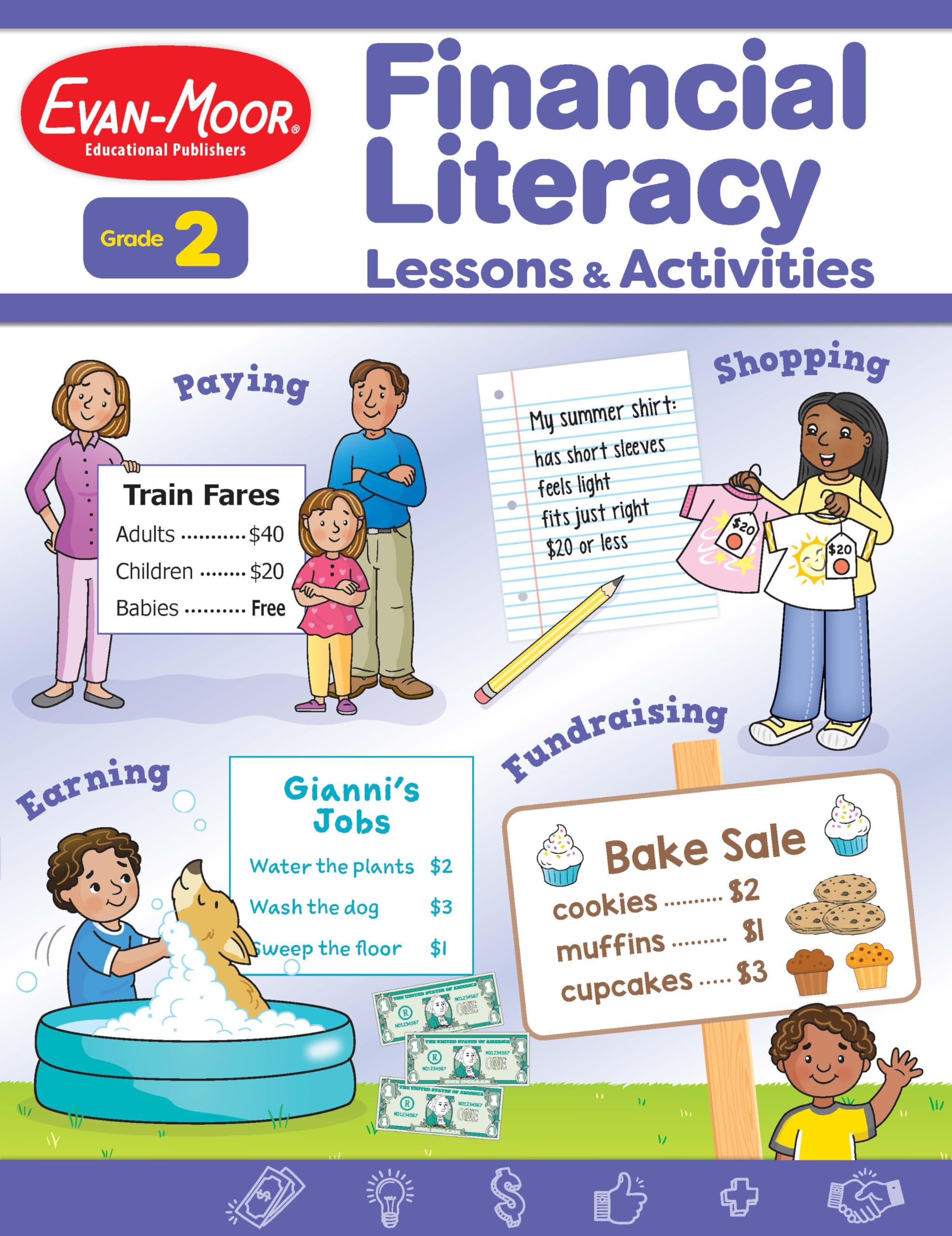 EvanMoor Financial Literacy Lessons and Activities, Grade 2, Homeschool and Classroom Resource Workbook, Learn about Money, Ear