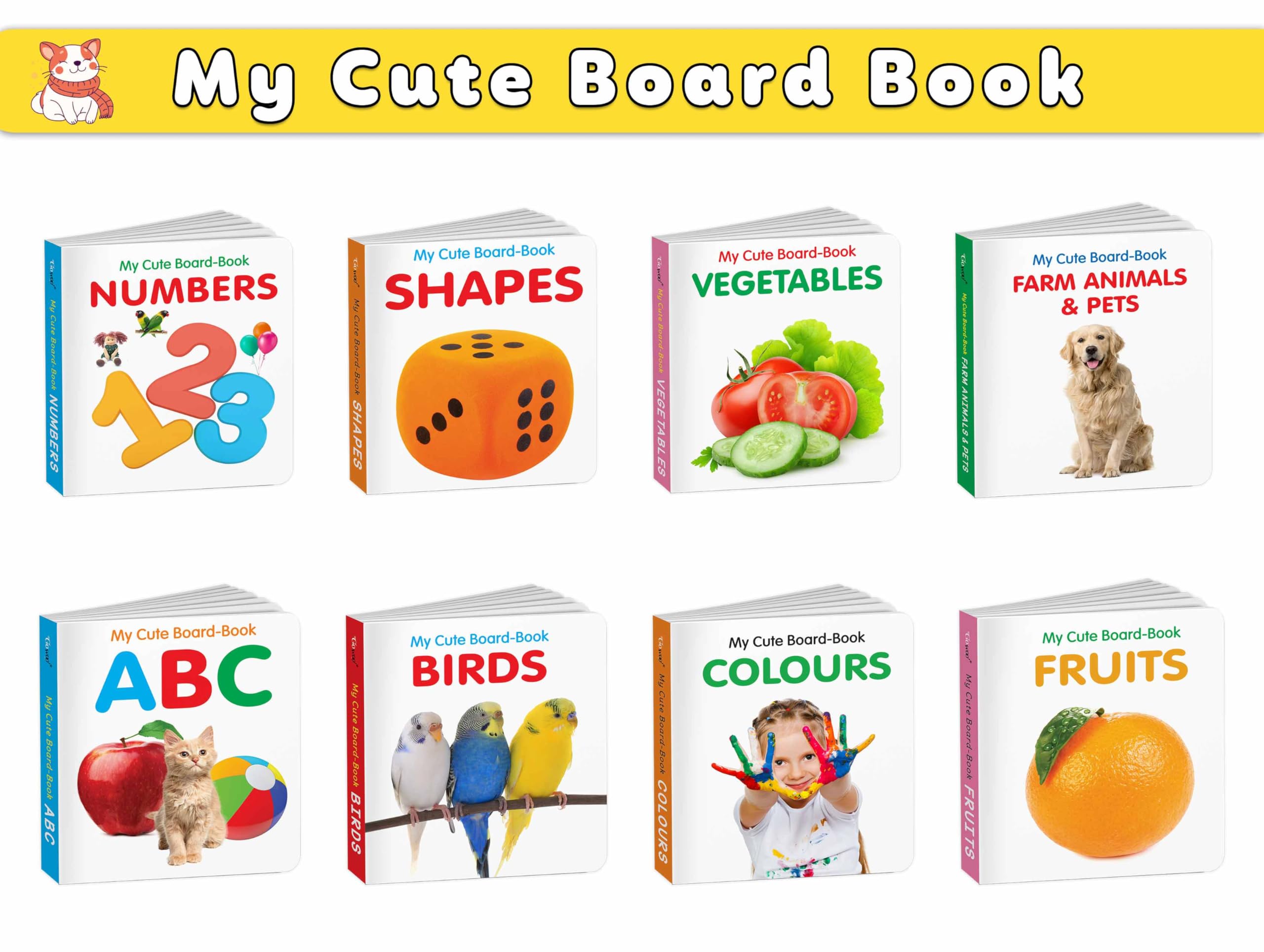 Early Learning Board Book Set for Toddlers : ABC, Colours, Birds, Fruits, Farm Animals & Pets, Vegetables, Shapes and Numbers Cu