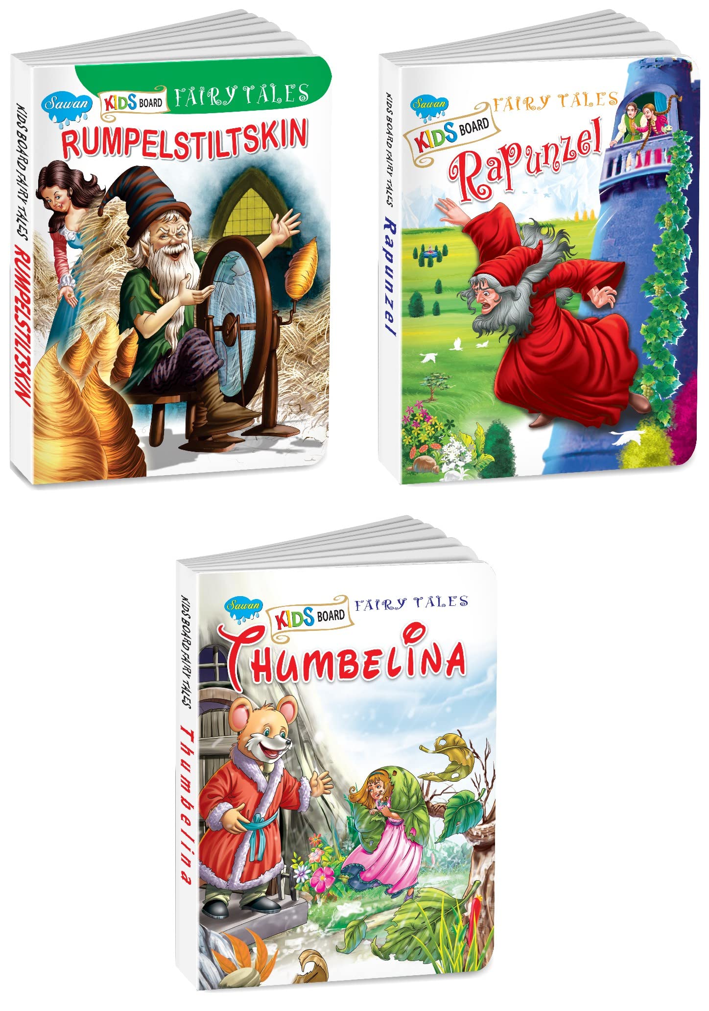Sawan Set Of 3 Books, Kids Board Fairy Tales (Rumpelstiltskin, Thumbelina Rapunzel)