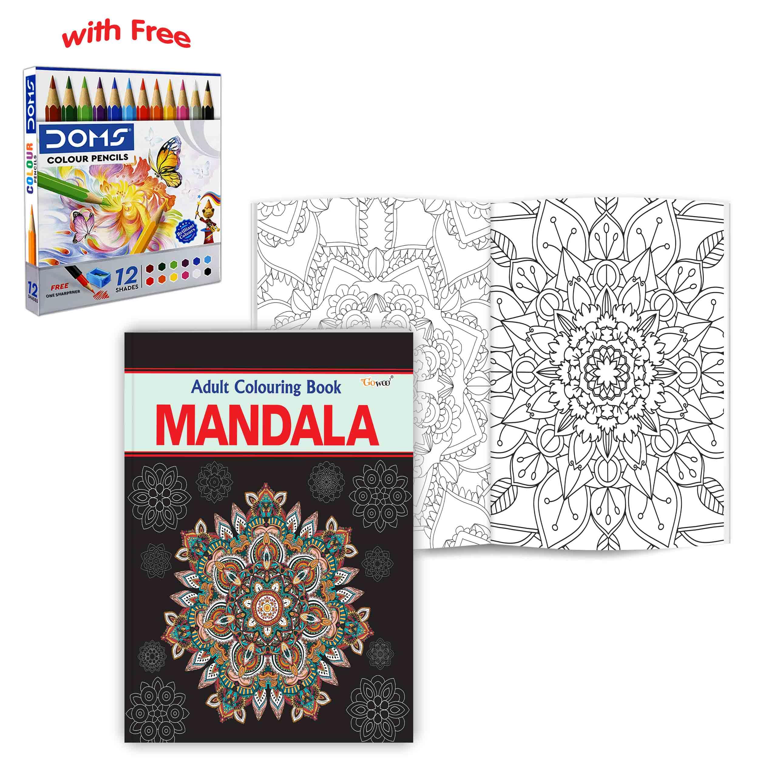 Mandala  Adult Colouring Book with 12 Colour Pencils + 1 Sharpner : mandala designs for stress relief, artistic escape colourin