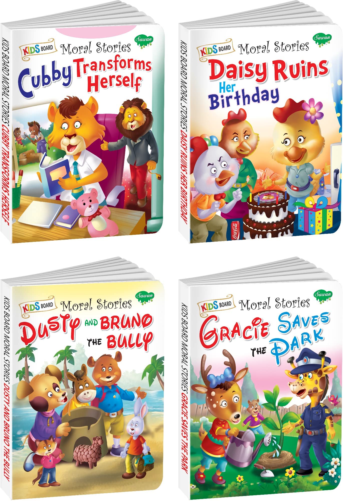 Sawan Kids Board Moral Stories Cubby Transforms Herself, Daisy Ruins Her Birthday, Dusty And Bruno The Bully, Gracie Saves The 