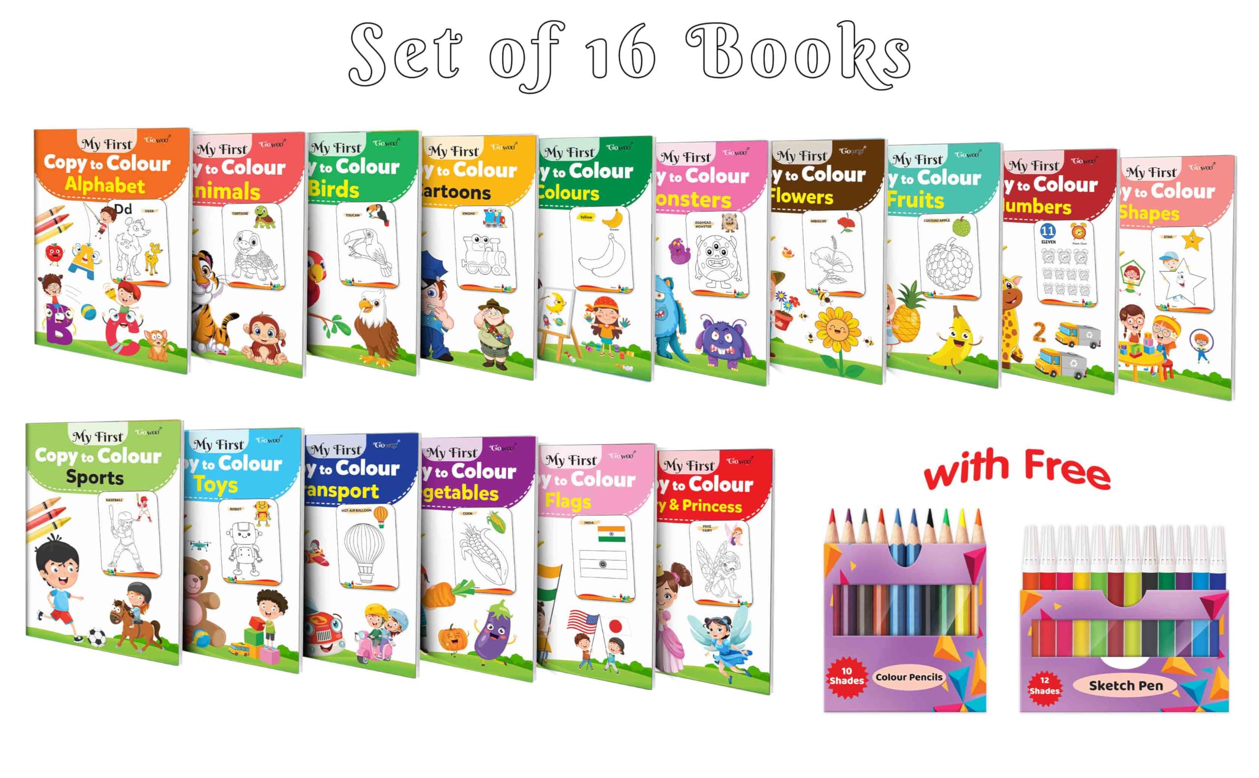 My First Copy to Colour  Alphabet, Animals, Birds, Cartoons and more with 12 WATER COLOUR SKETCH PEN and 10 COLOUR PENCILS : ea
