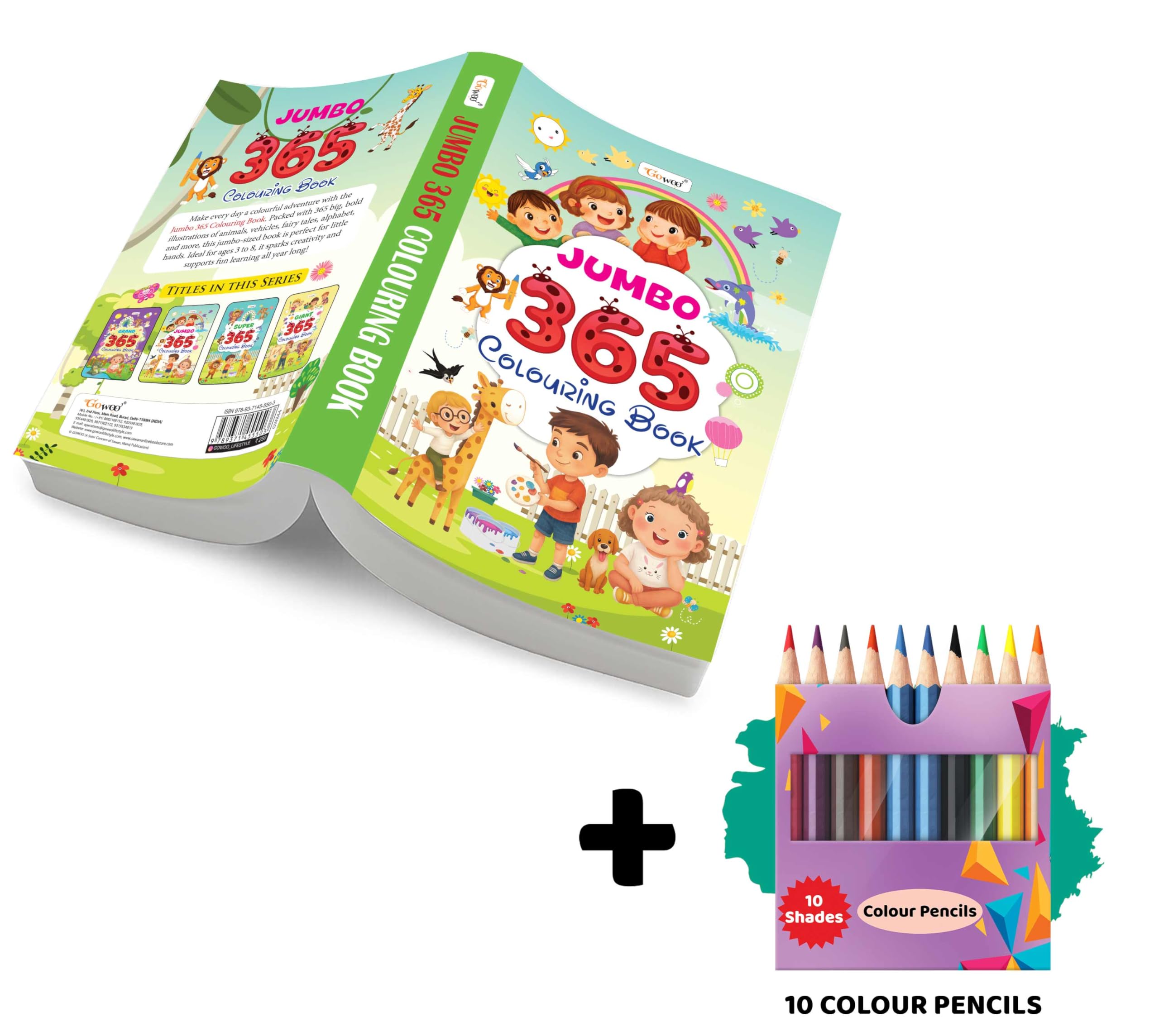 JUMBO  365 Colouring Book and 10 Colour Pencils : joyful colouring book, colouring book with picture for children, attractive 
